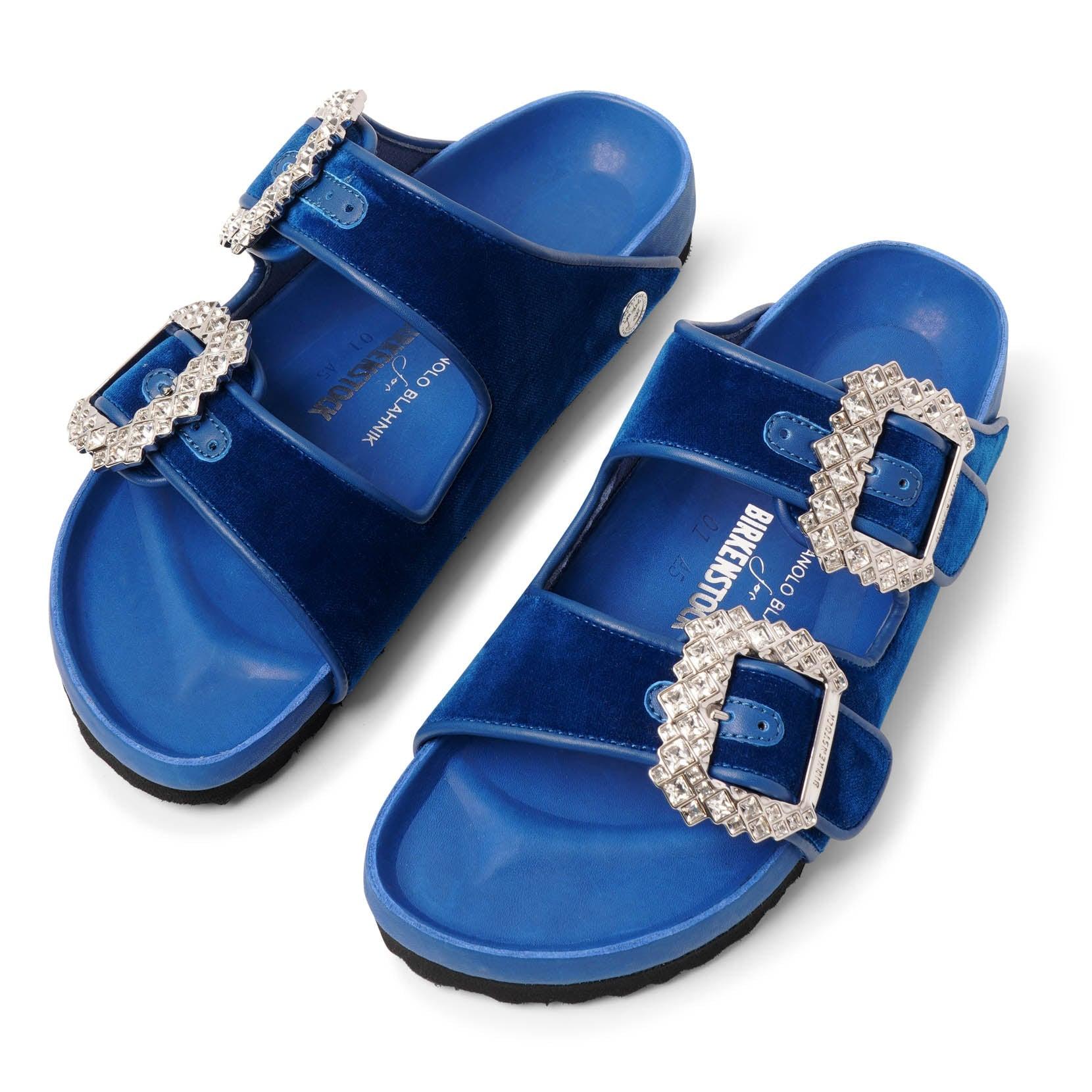 MANOLO BLAHNIK X BIRKENSTOCK Arizona Crystal Buckle Blue Velvet Slides |  Lyst UK