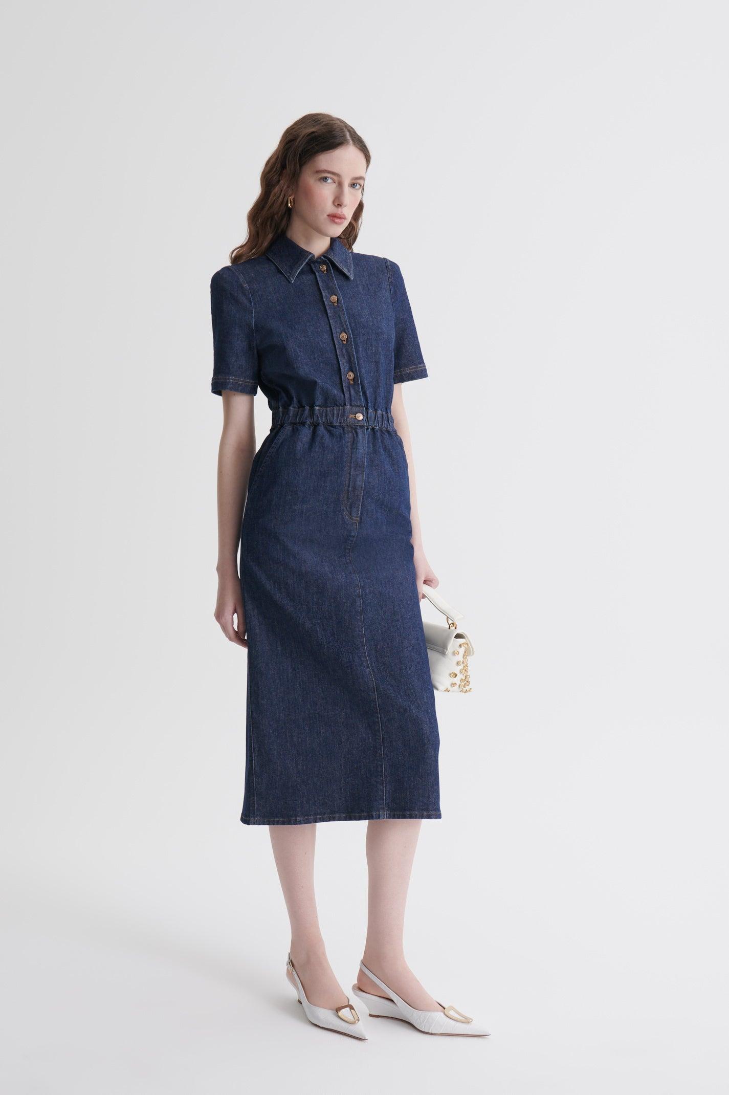 blue scanlan theodore dress Entro Navy Multi Flutter Sleeve Cotton Midi Dress  Boho Printed Tiere   Deja Nu Tx