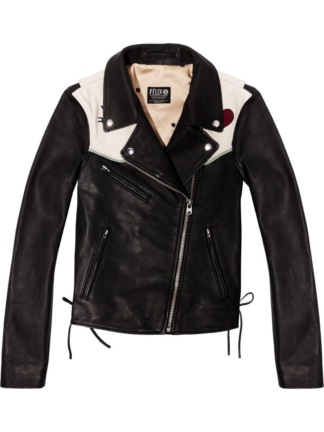Scotch & Soda Statement Leather Biker Jacket Felix The Cat in Black Lyst