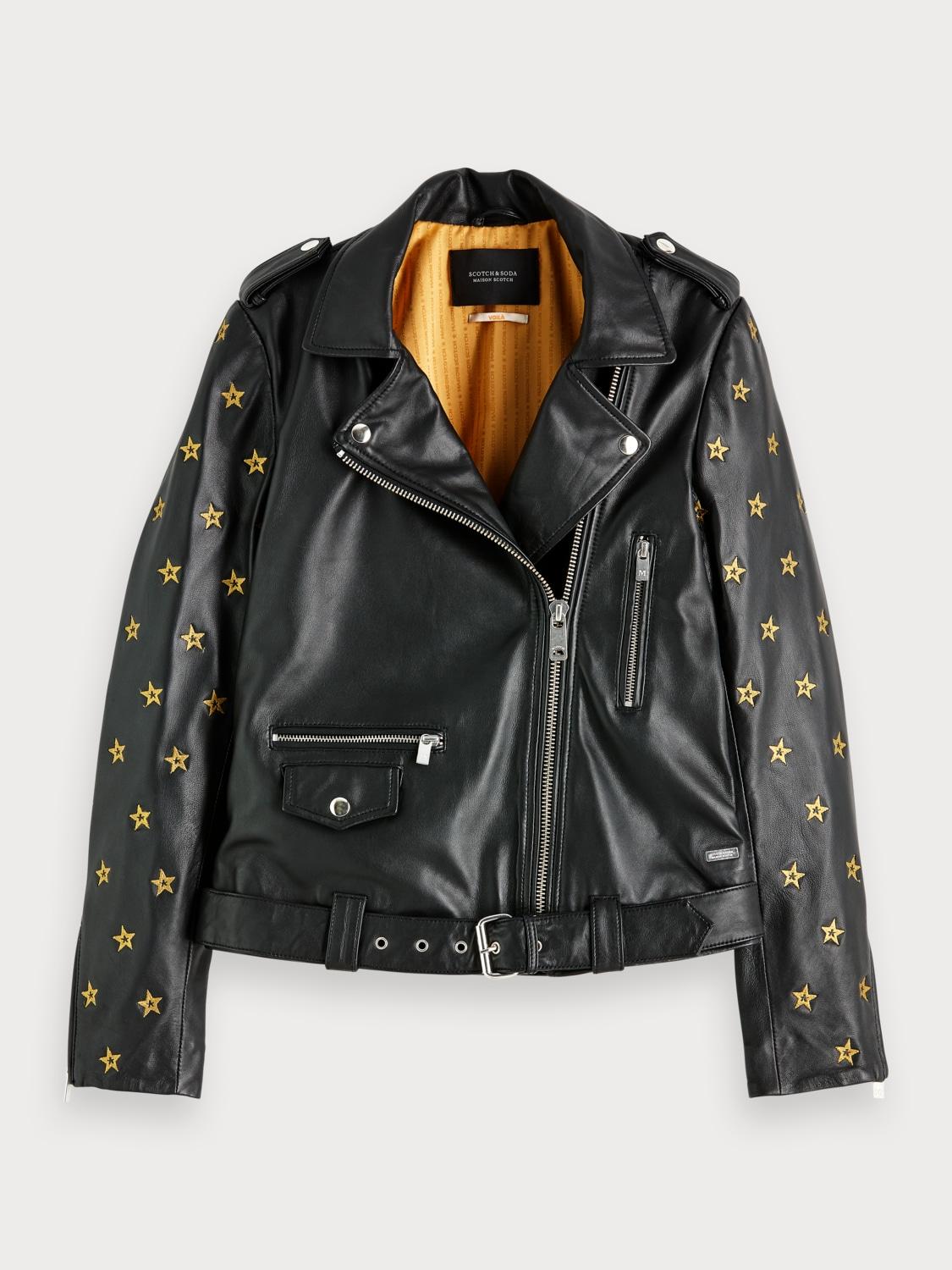 Scotch & Soda Star Embroidery Leather Jacket in Black | Lyst
