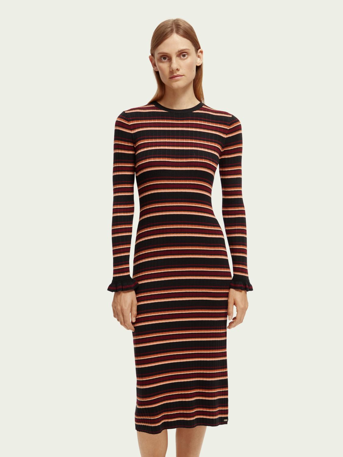 Scotch & Soda Fitted Striped Rib Knit Midi Dress in Red Lyst