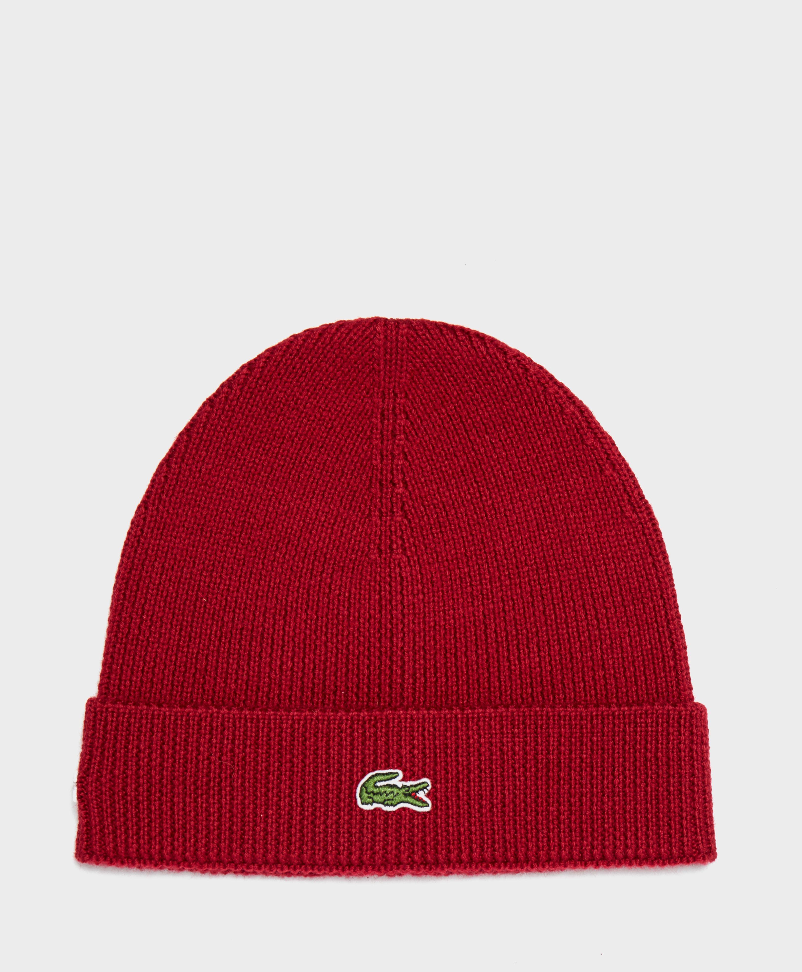 Lacoste Synthetic Ribbed Beanie in Red 