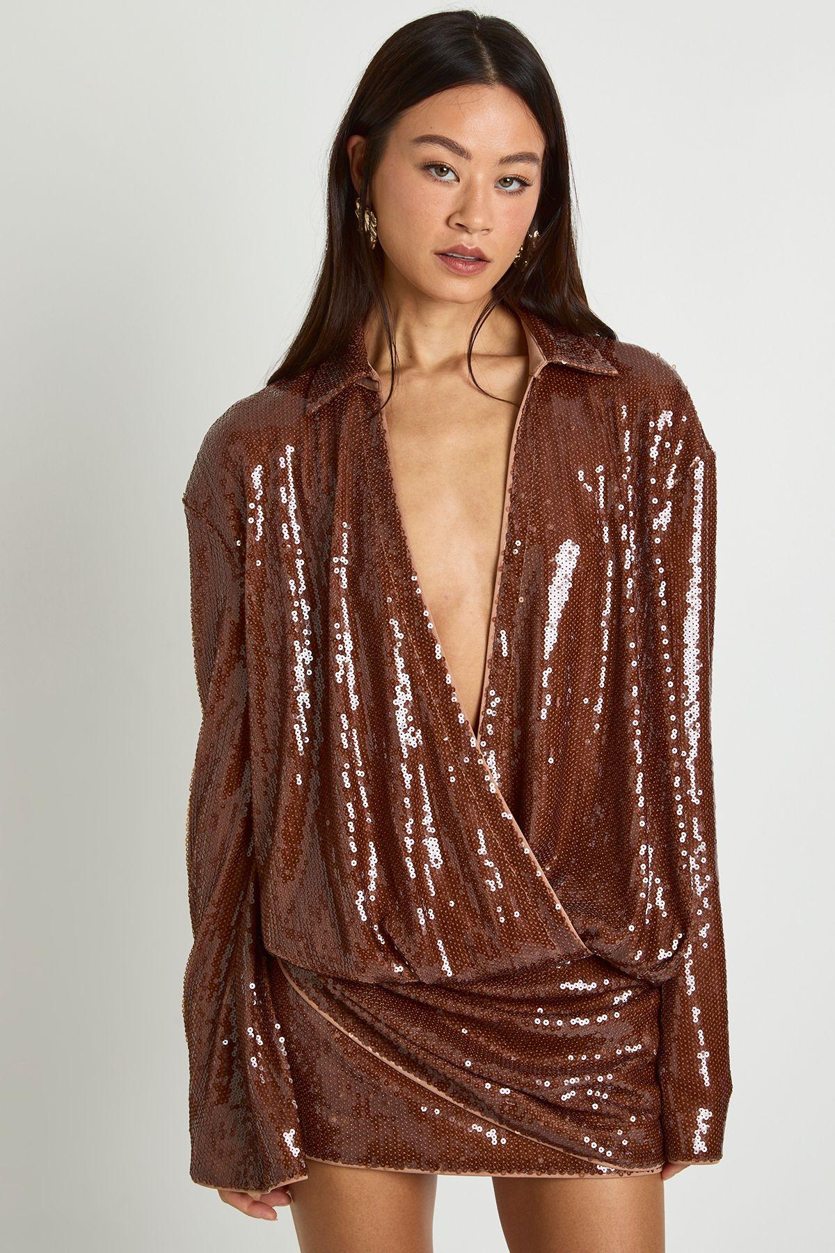 Boohoo Tall Sequin Draped Flare Sleeve Shirt Dress in Brown