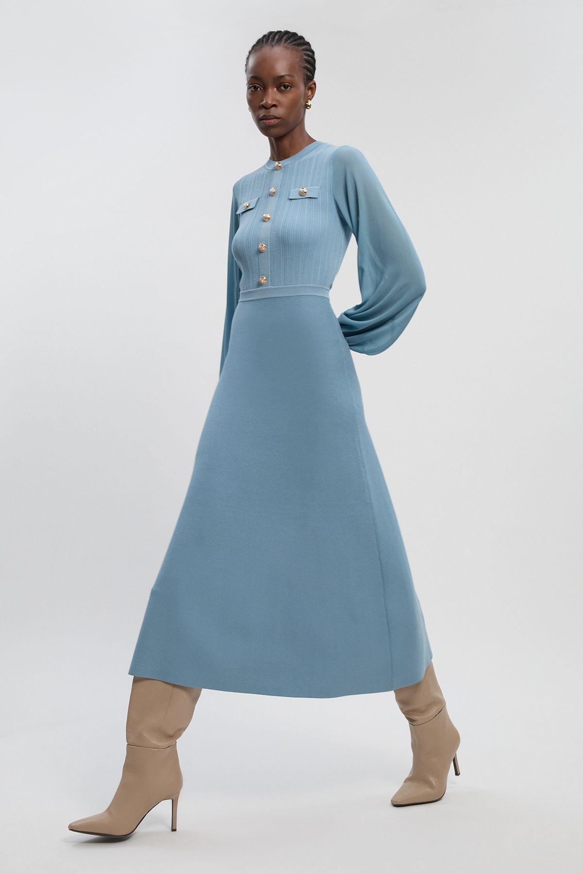 Karen Millen Viscose Blend Maxi Knit Dress With Chiffon Sleeve Military  Trim in Blue | Lyst UK