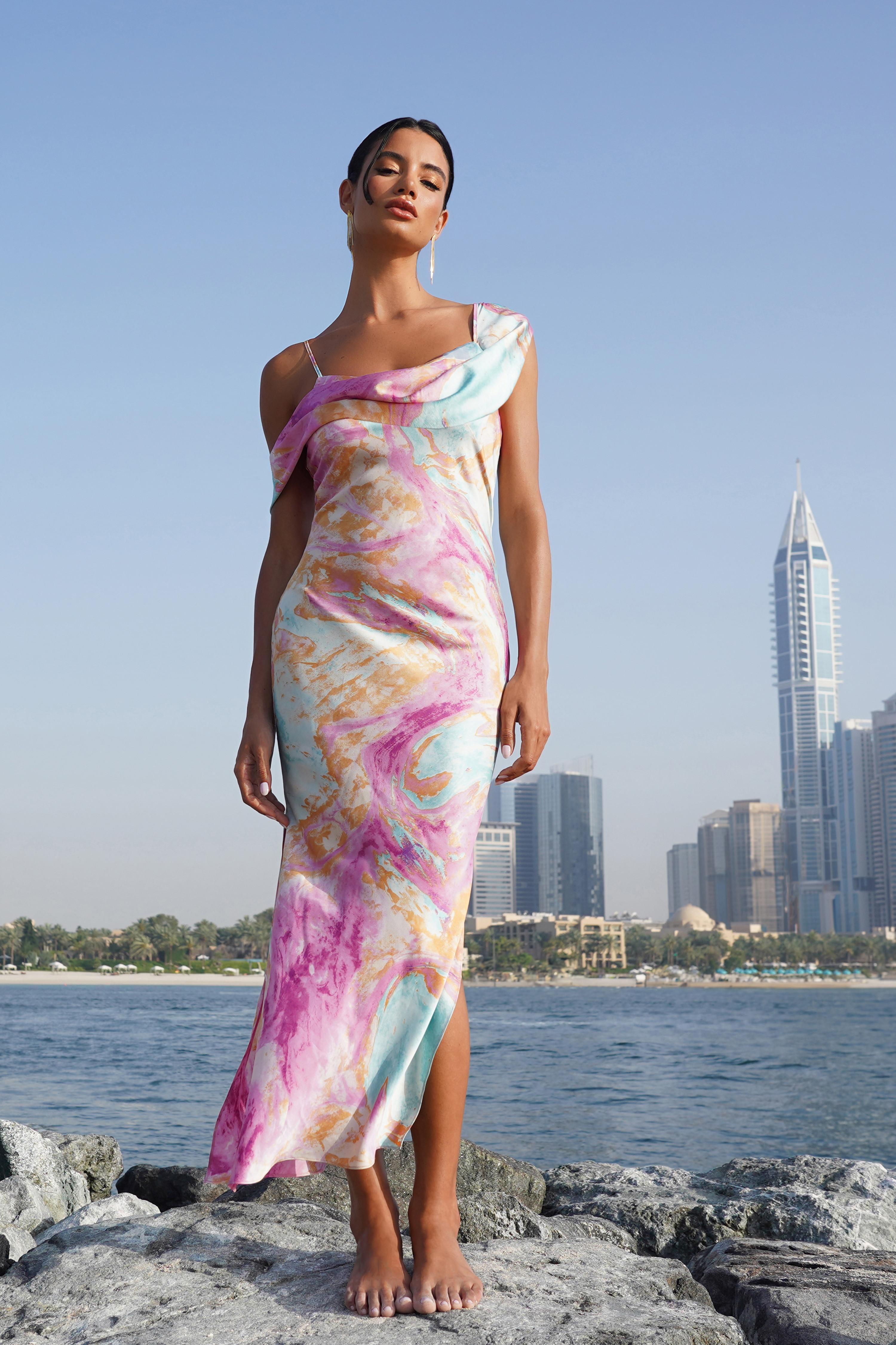 marble print satin dress Multi Marble Printed Satin Cowl Neck Slip Dress