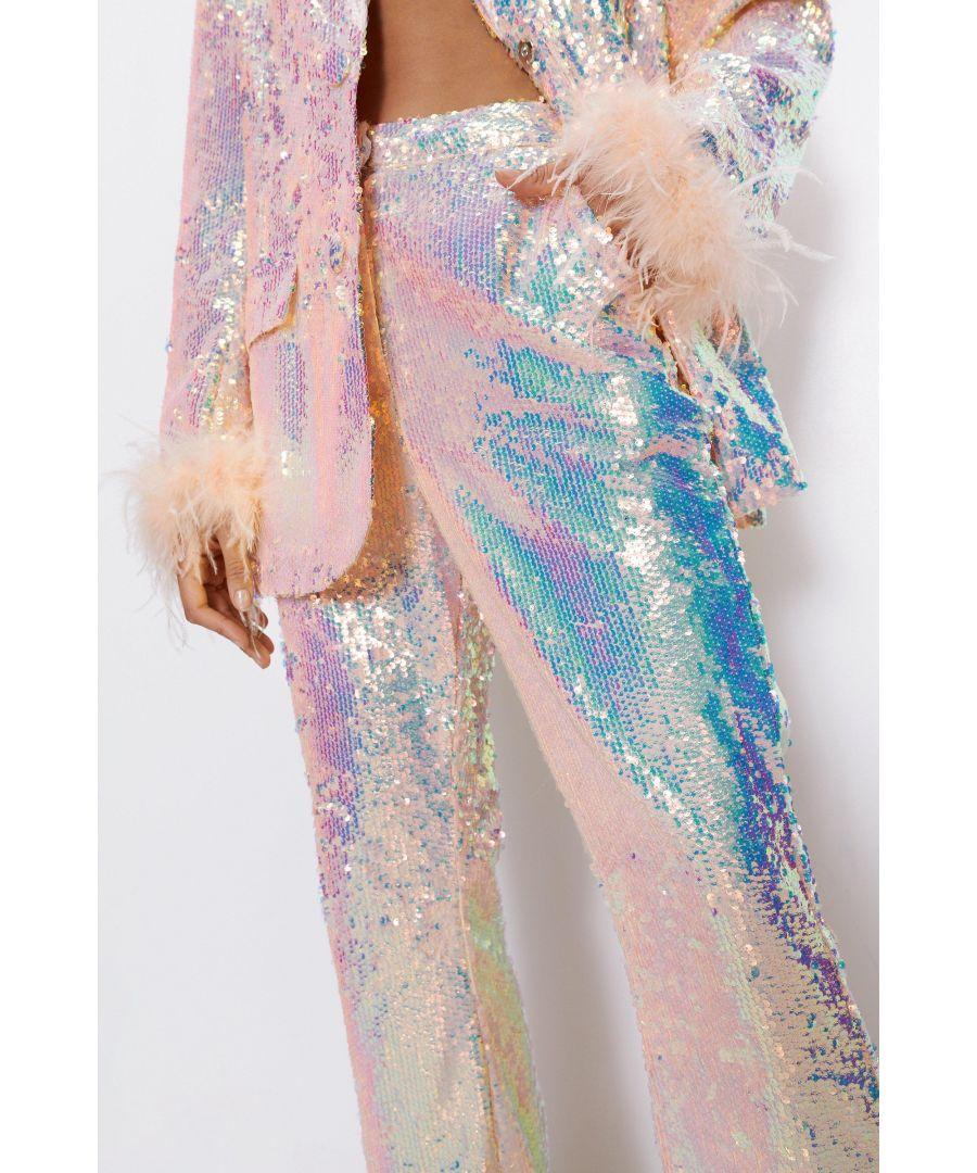 Nasty Gal Premium Sequin Feather Trim Flare Trousers in White