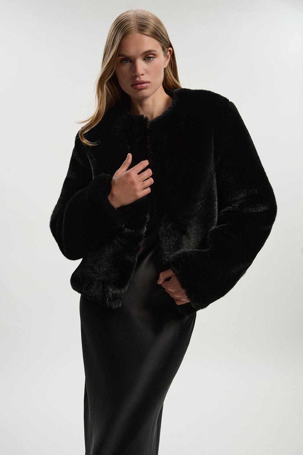 Karen Millen Collarless Faux Fur Jacket in Black Lyst UK