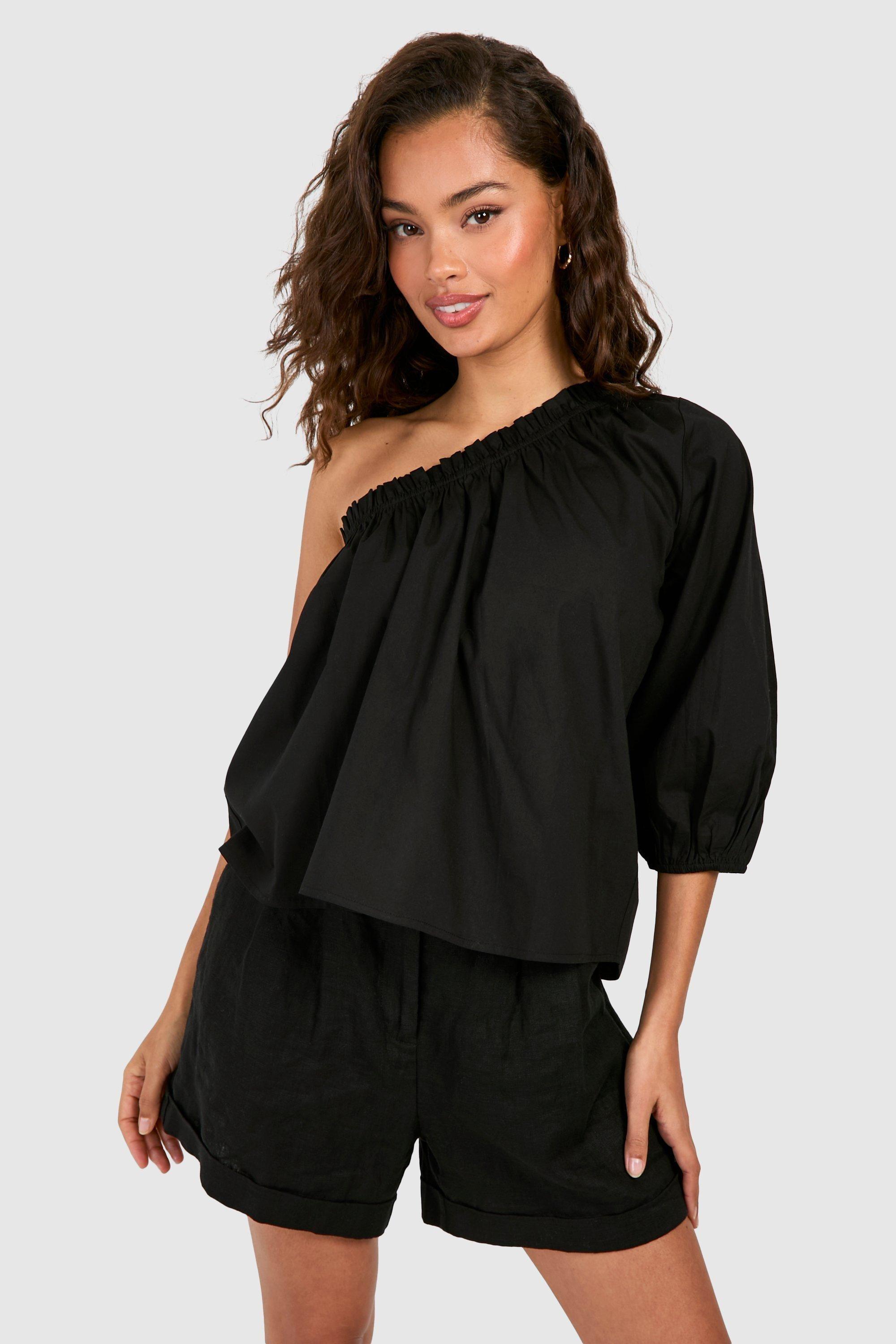Boohoo Puff Sleeve One Shoulder Cotton Poplin Top in Black Lyst UK