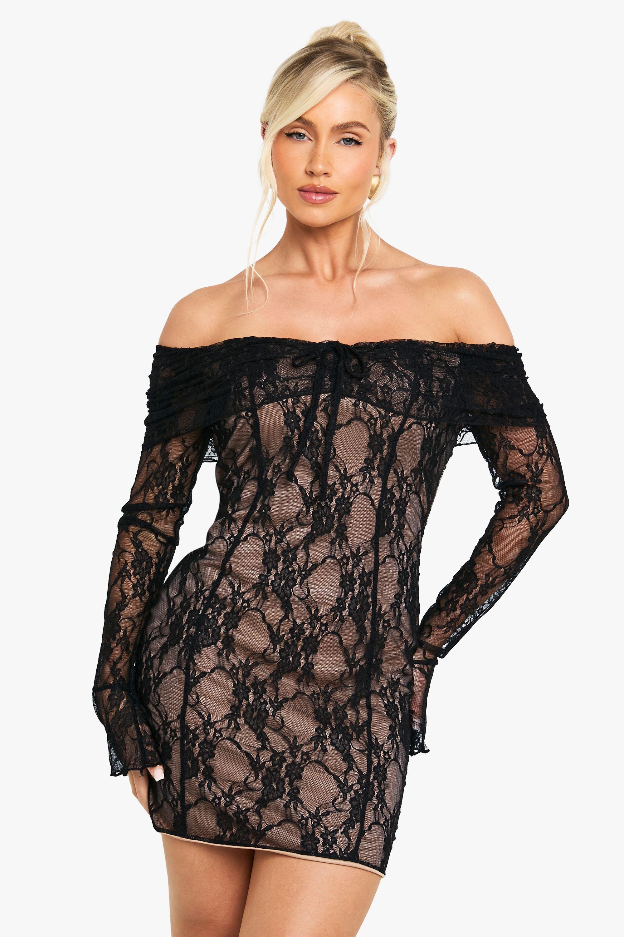 boohoo lace overlay bardot dress Lemon Lace Bardot Satin Midaxi Dress