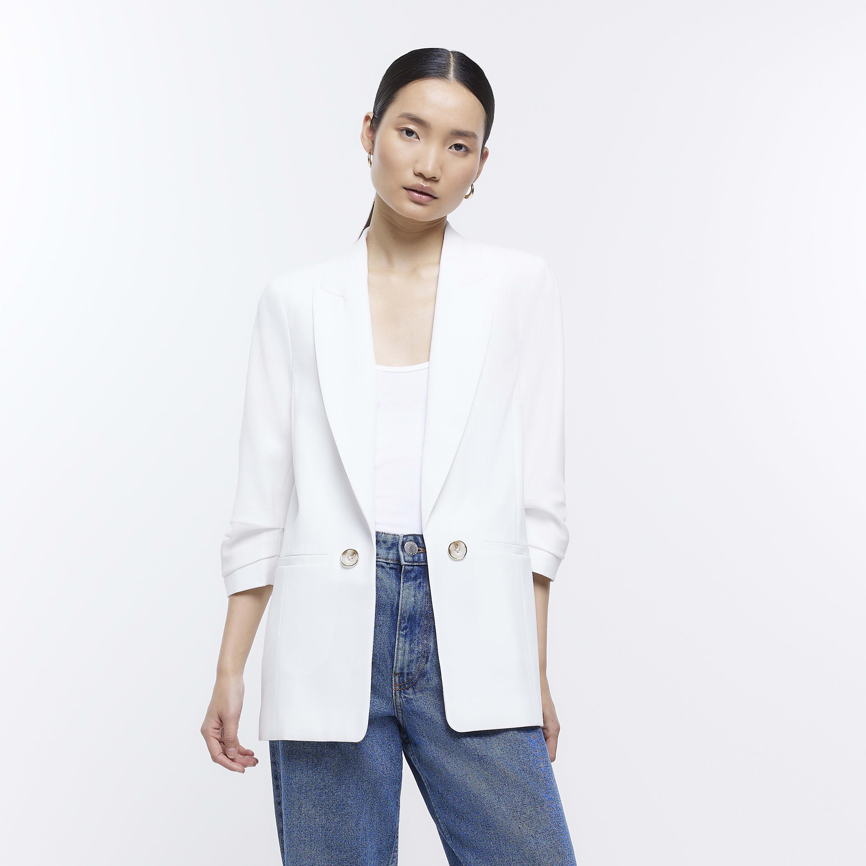 River Island Blazer Ruched Sleeve Pleated Jacket in White Lyst UK