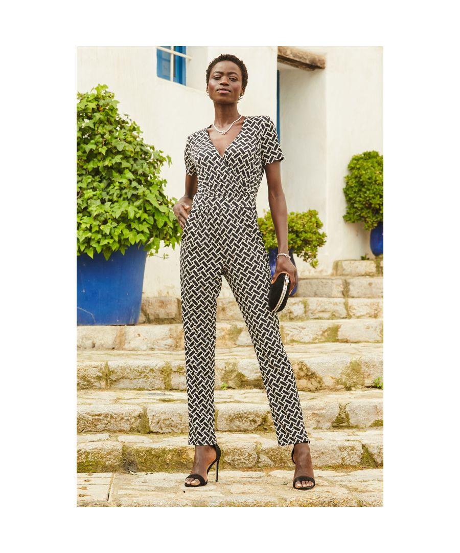 Geometric Print Jersey Jumpsuit Blue