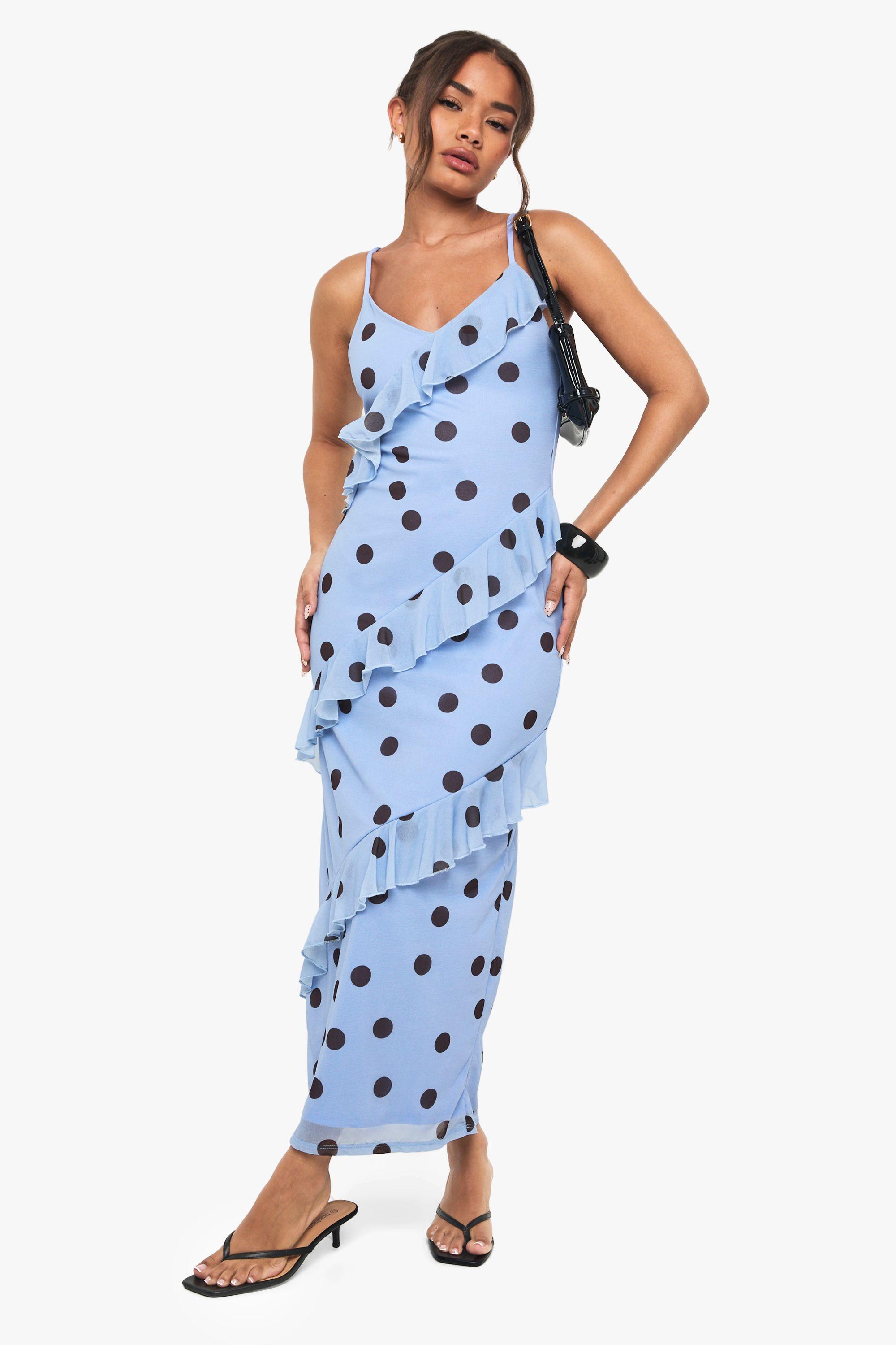 Boohoo Polka Dot Frill Maxi Dress in Blue Lyst UK