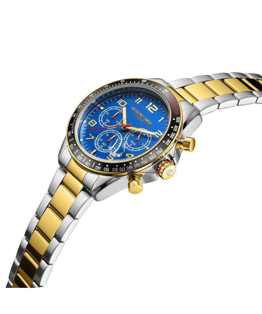 Anthony James Orologio Uomo Tachymeter Turbo – Quadrante Blu Acciaio, Cronografo Al Quarzo, Cinturino In Pelle, Impermeabile 3 ATM