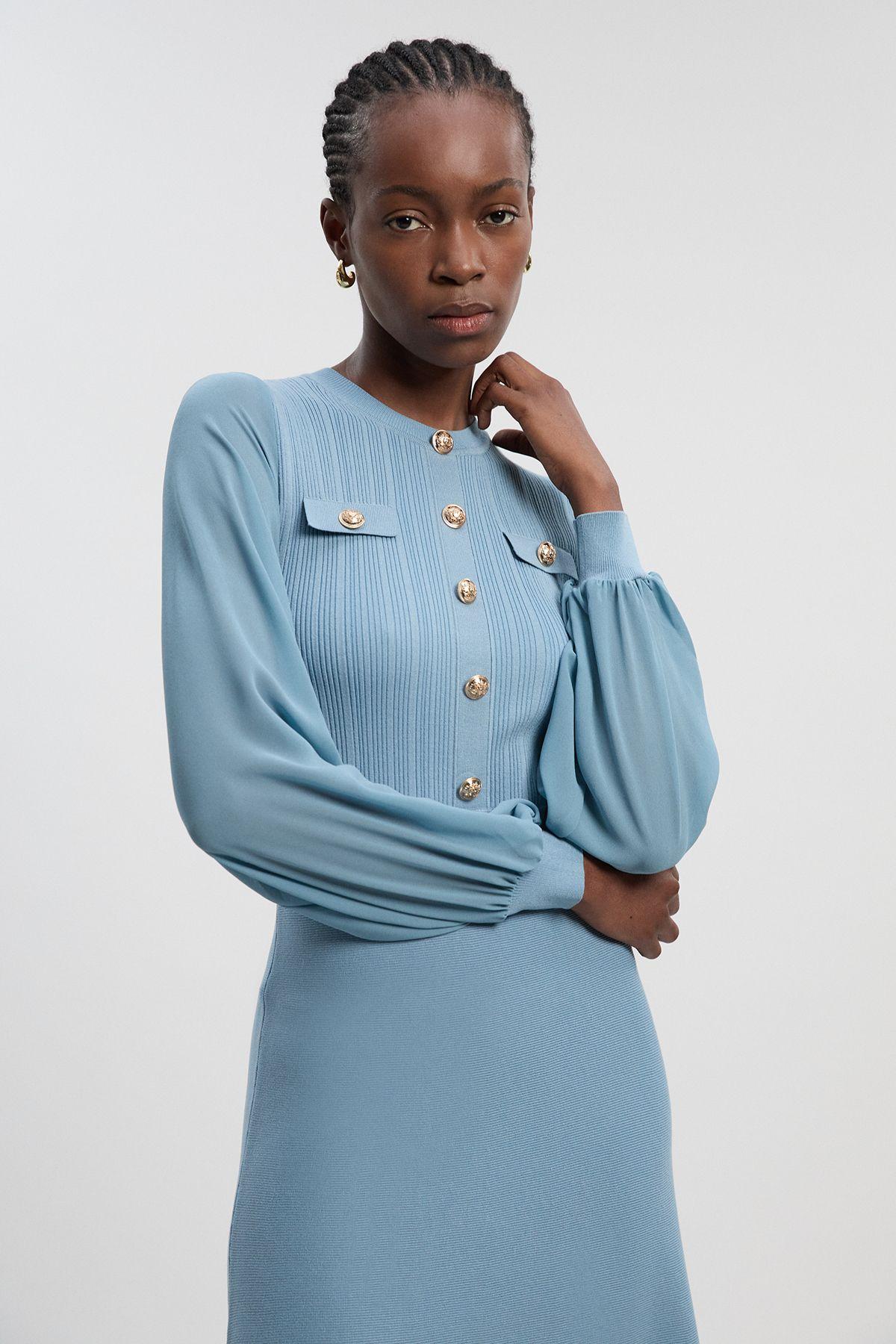 Karen Millen Viscose Blend Maxi Knit Dress With Chiffon Sleeve Military  Trim in Blue | Lyst UK