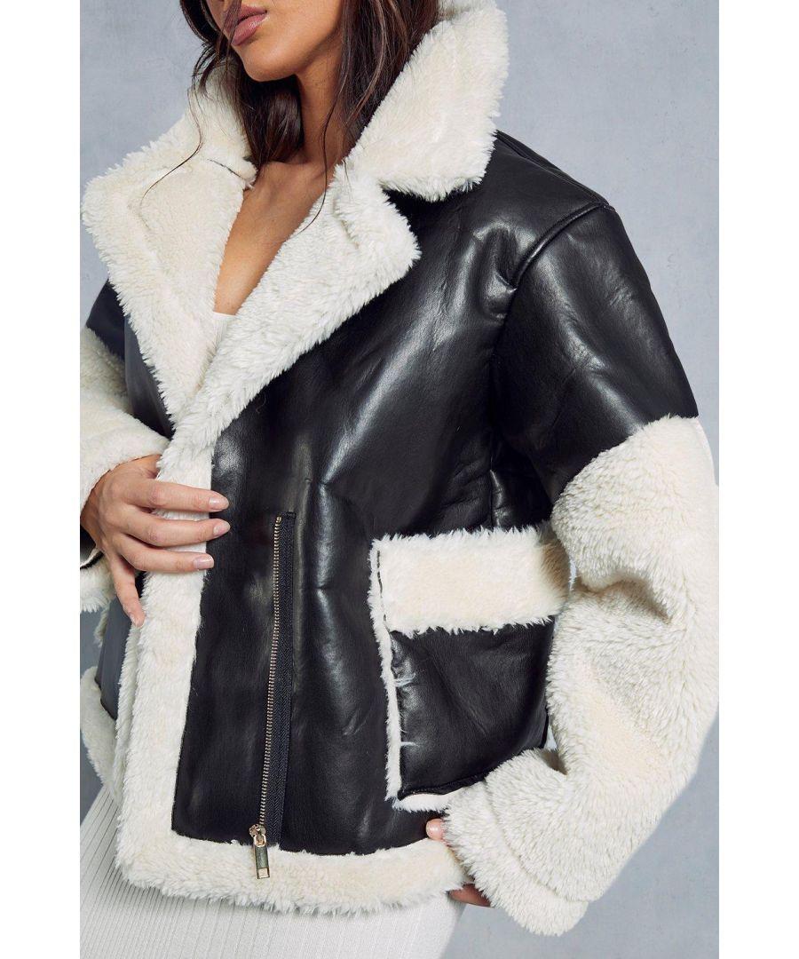 Black contrast faux fur aviator jacket sale