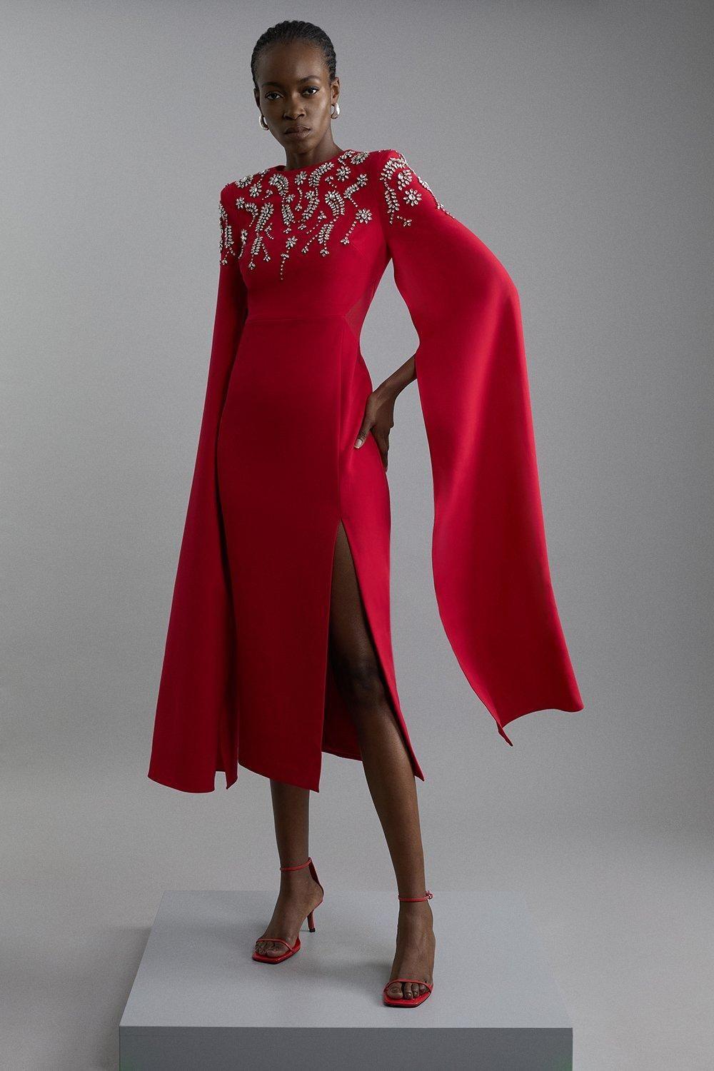 karen millen red cape dress Red Crystal Embellished Satin Cape Detail Maxi Dress