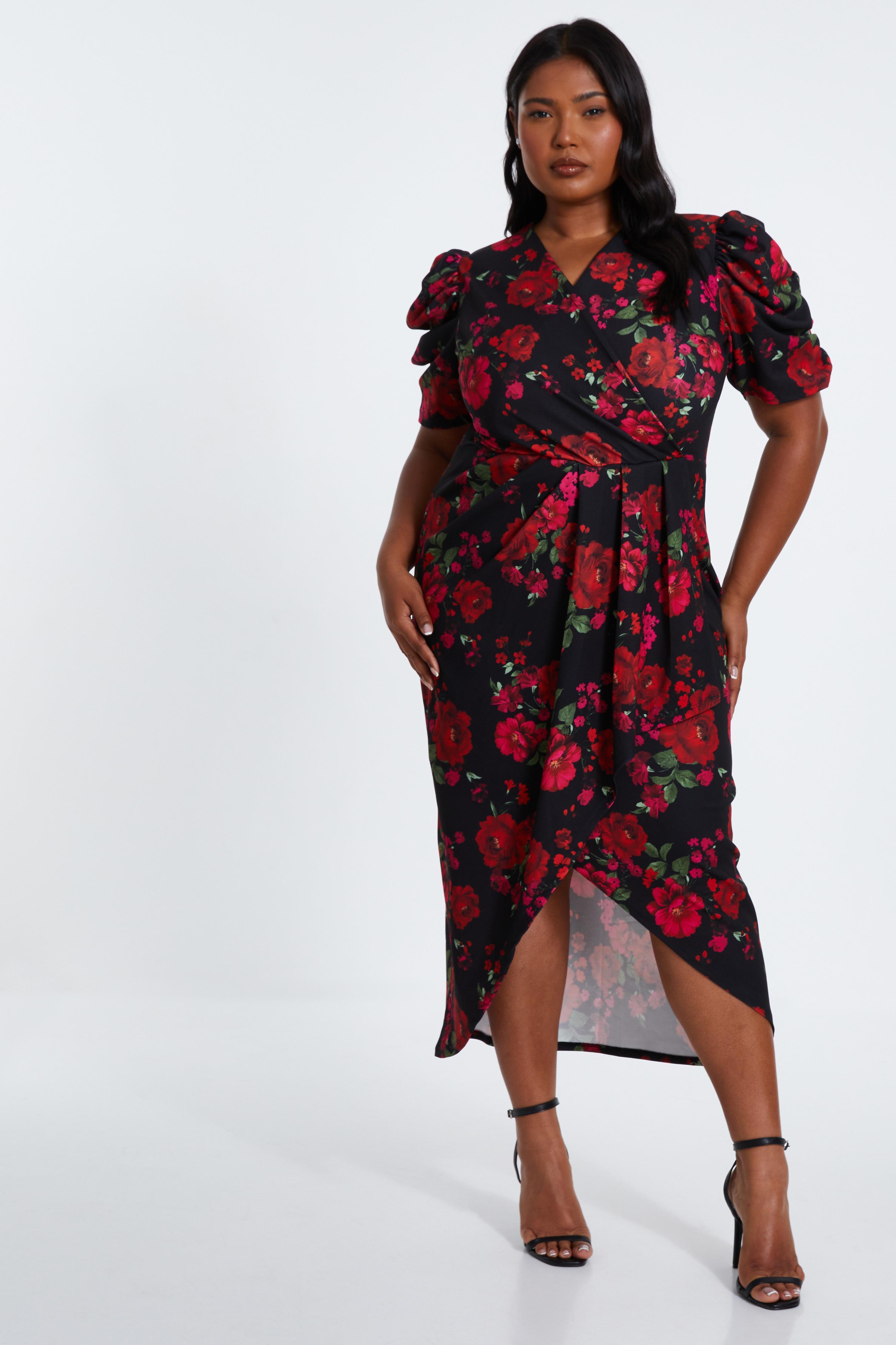 Quiz Curve Floral Wrap Midi Dress Material Polyester in Red Lyst UK