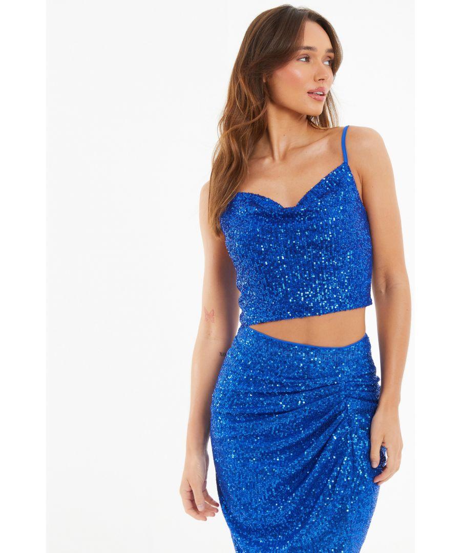 Quiz Royal Sequin Strappy Crop Top in Blue Lyst UK