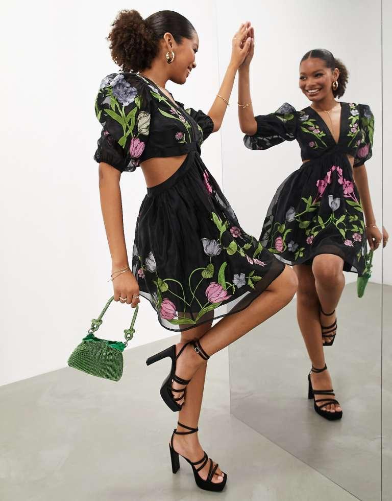ASOS Organza Short Sleeve Cut Out Mini Dress With Floral Embroidery in Black  | Lyst UK