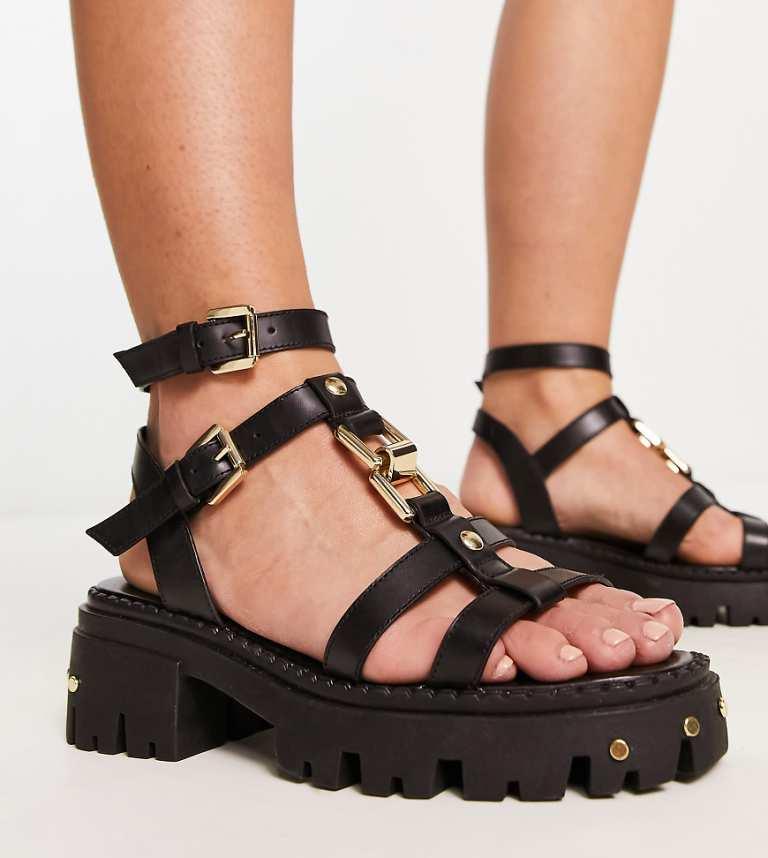 ASOS Wide Fit Forrest Leather Strappy Chunky Flat Sandals in Black Lyst UK