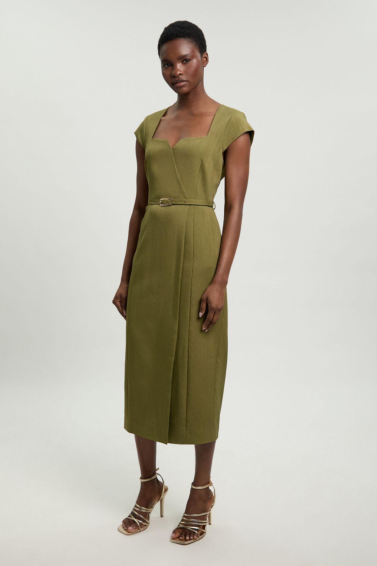 karen millen green pencil dress Viscose Blend Belted Square Neck Tailored in Women's dresses