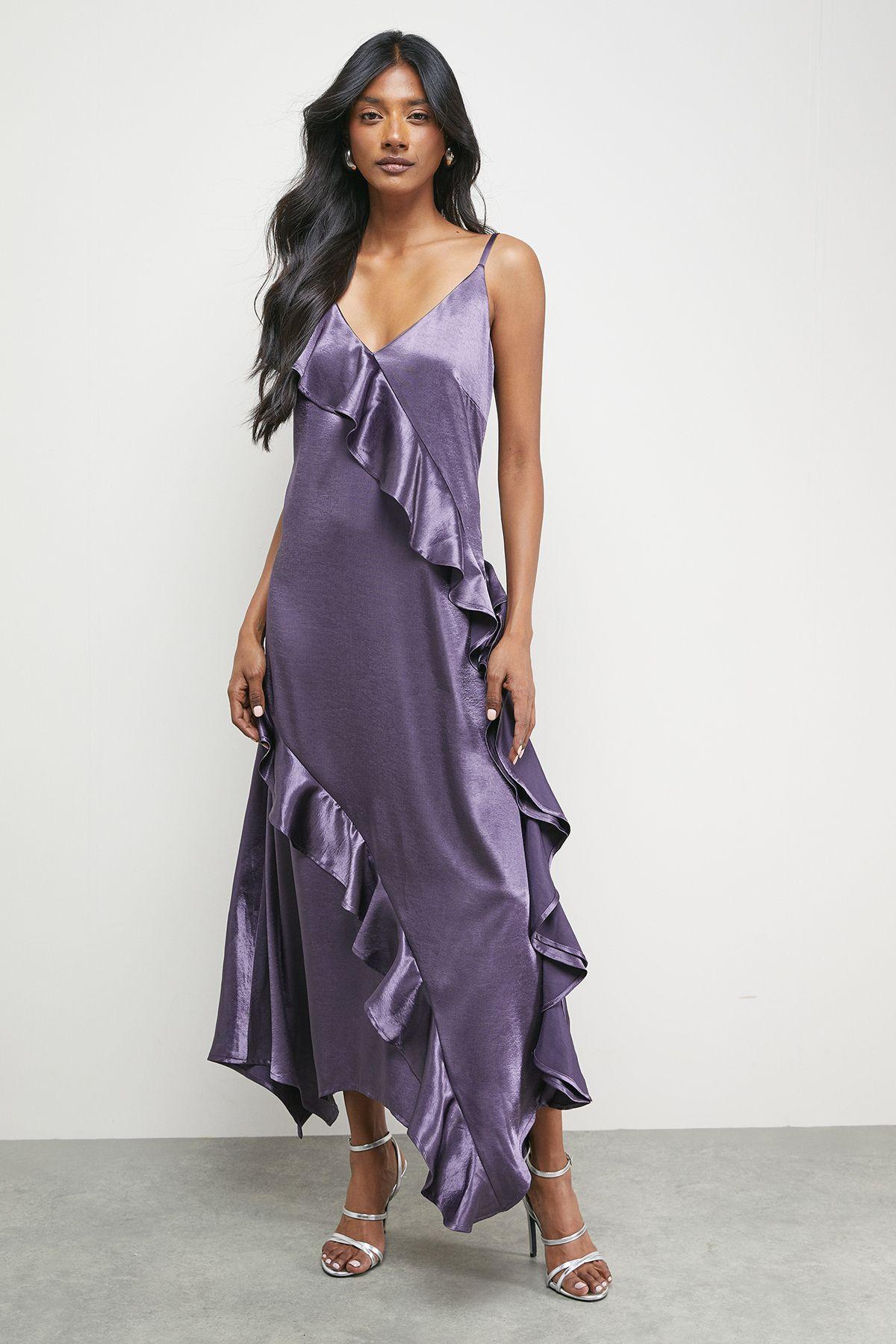 warehouse silk dress Warehouse Women's Satin Strappy Ruffle Midi Dress in Chartreuse