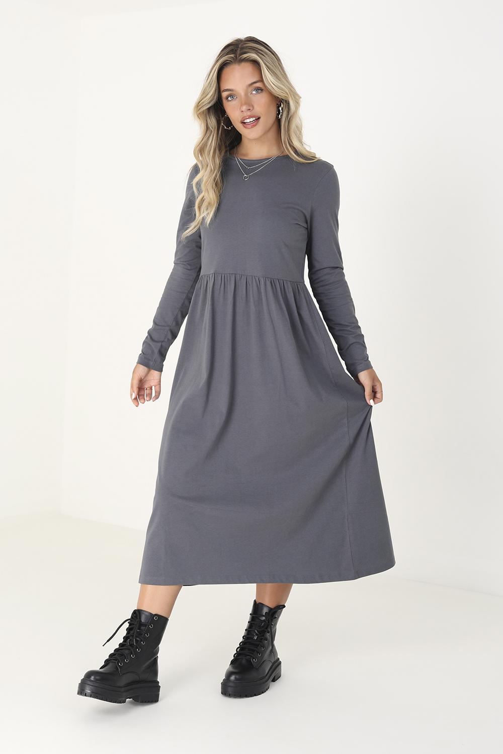Ladies Dresses Long Sleeve Midi Smock Dress Curves Grey Crinkle Jersey Long  Sleeve Mini Smock Dress