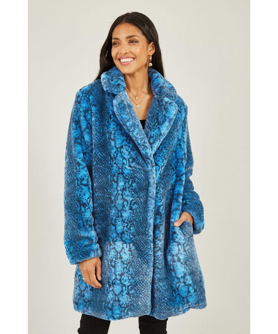 Yumi Blue Snakeskin Print Faux Fur Coat Lyst UK