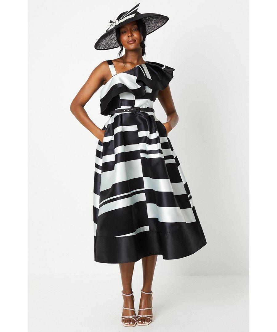 安心追跡【COAST】Lisa Tan ストライプオーガンザミディドレス Coast Lisa Tan Geo Stripe Monochrome Ruffle Shoulder Midi