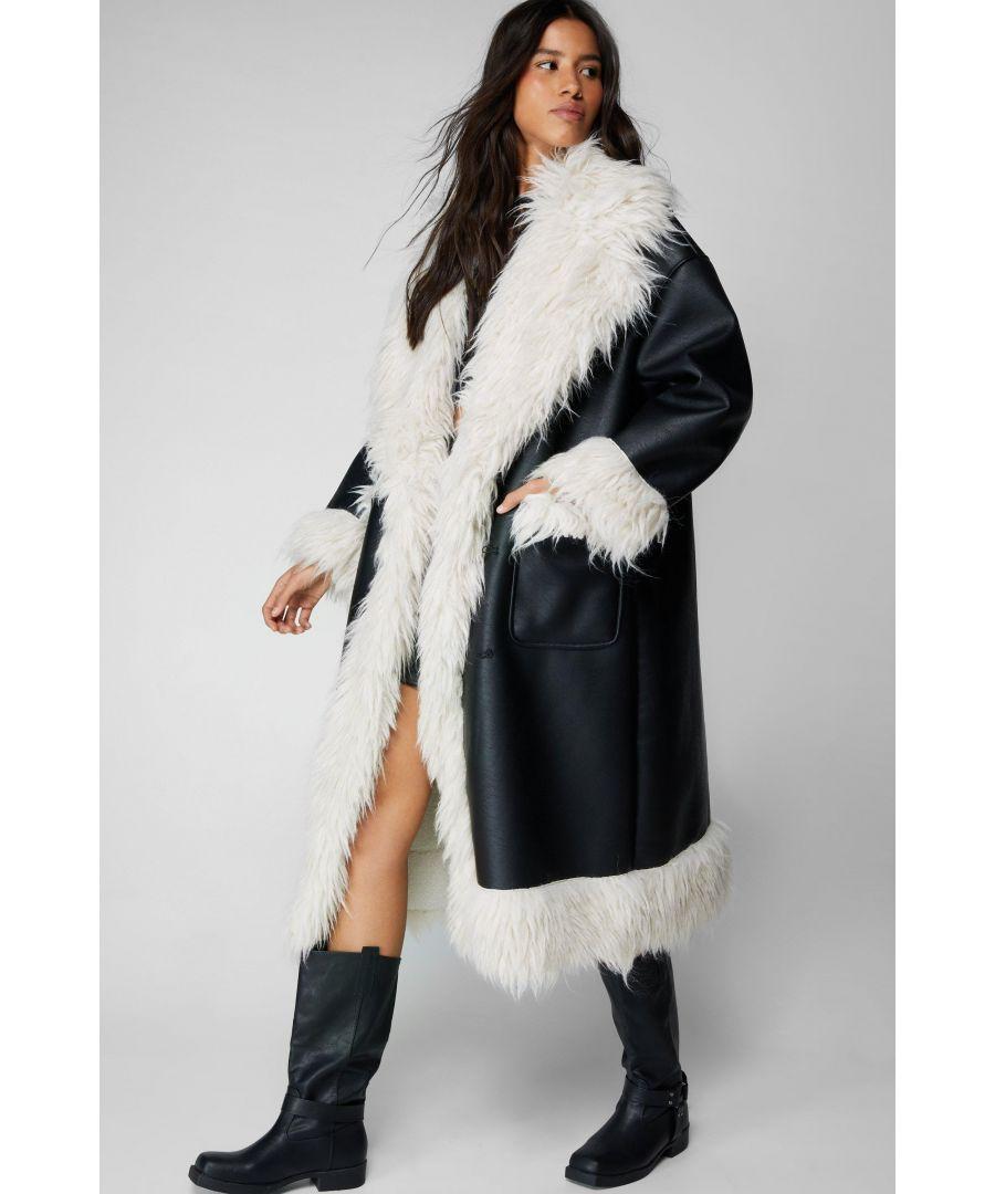 Nasty Gal Faux Leather Shearling Fur Trim Longline Afghan Coat in