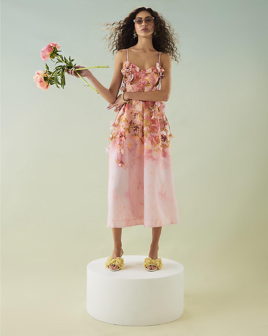 River Island Midi Cami Dress 3D Floral in Green Lyst UK