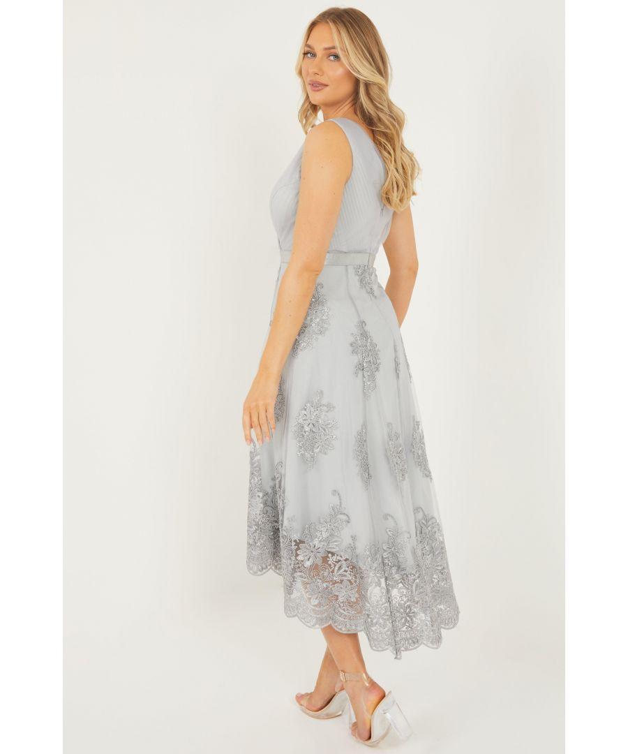 Quiz navy and silver shop lace dip hem dress