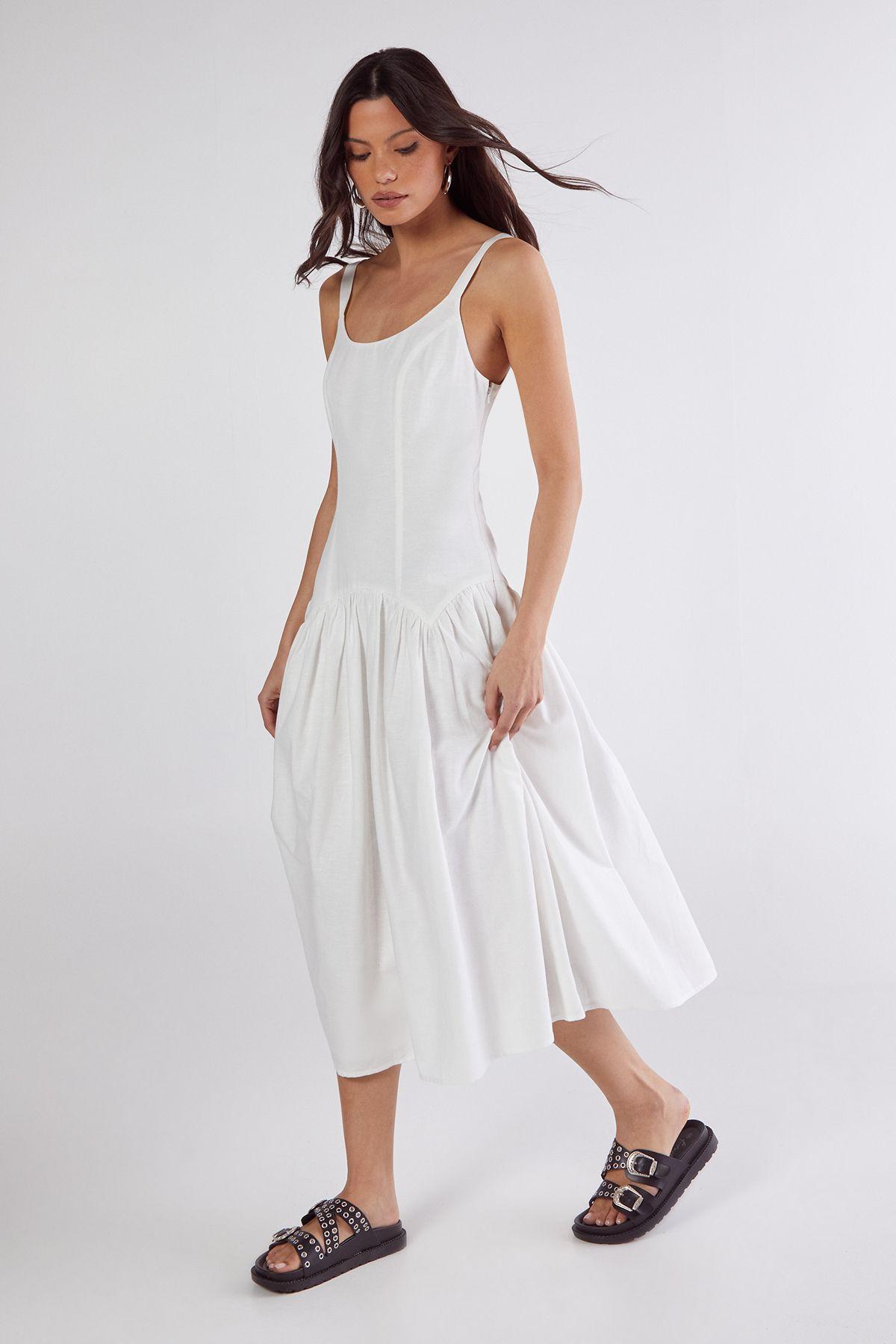 Nasty Gal Linen Mix Drop Waist Seamed Midi Dress in White Lyst UK