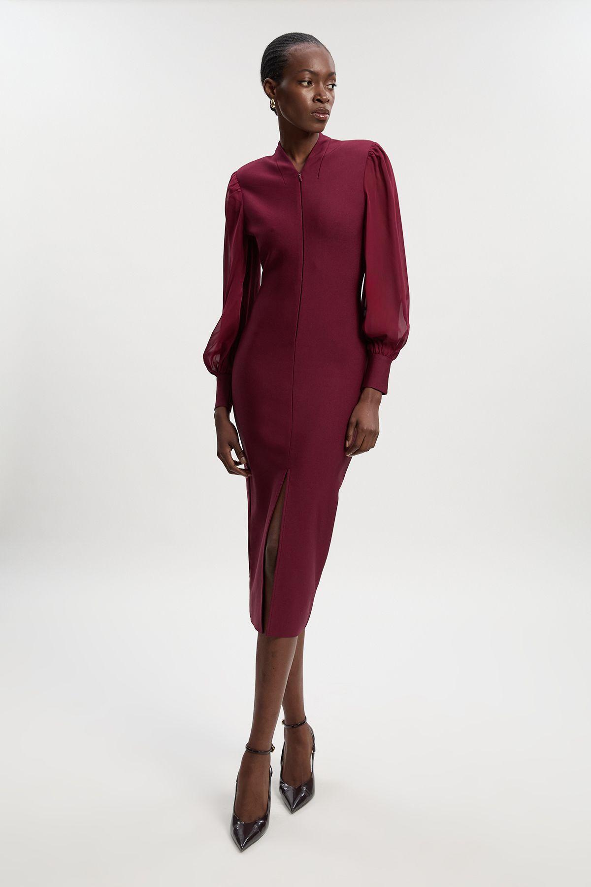 Karen Millen Bandage Figure Form Zip Detail Chiffon Sleeve Knit Dress in  Red | Lyst UK