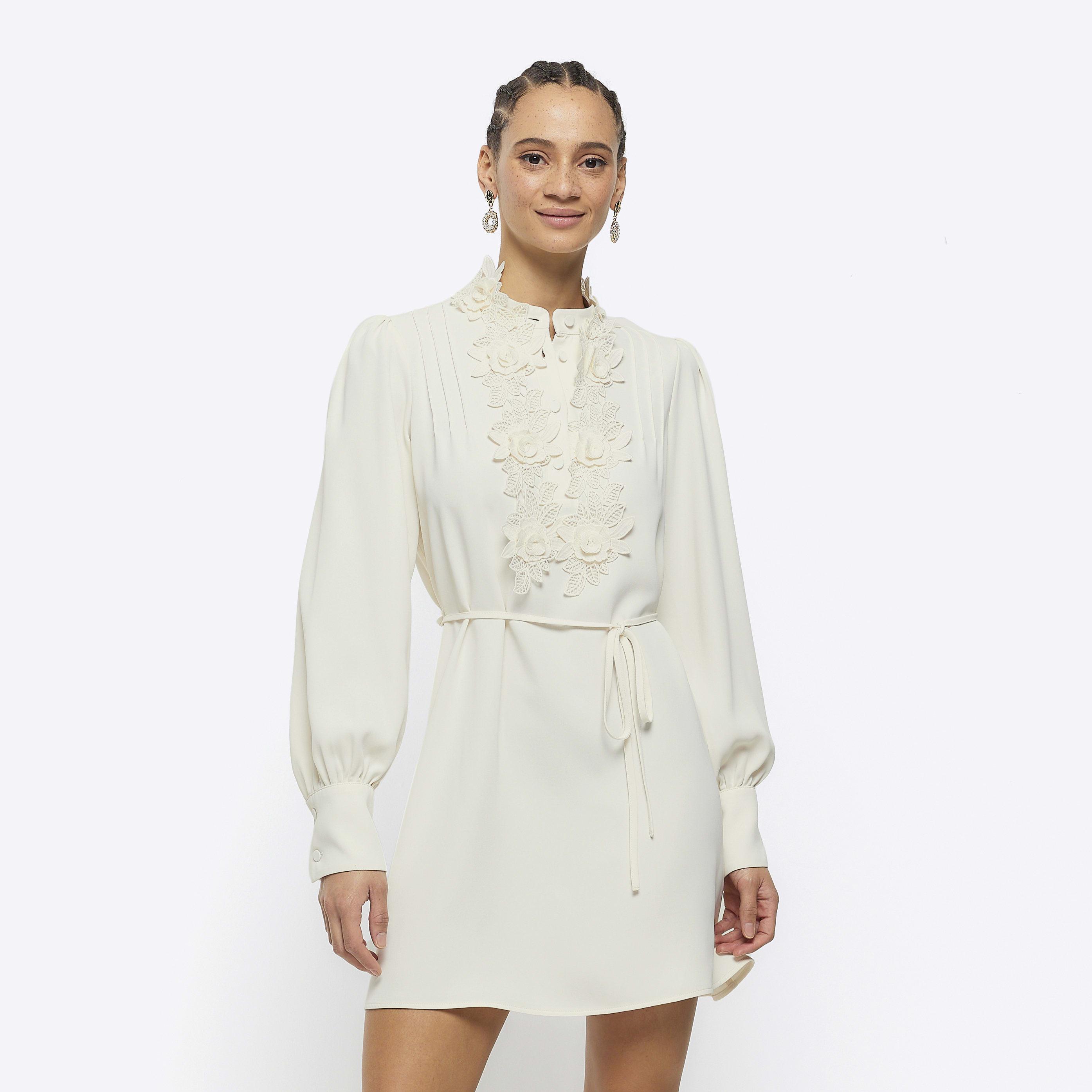 River Island Cream Floral Tie Waist Shift Mini Dress in White | Lyst UK