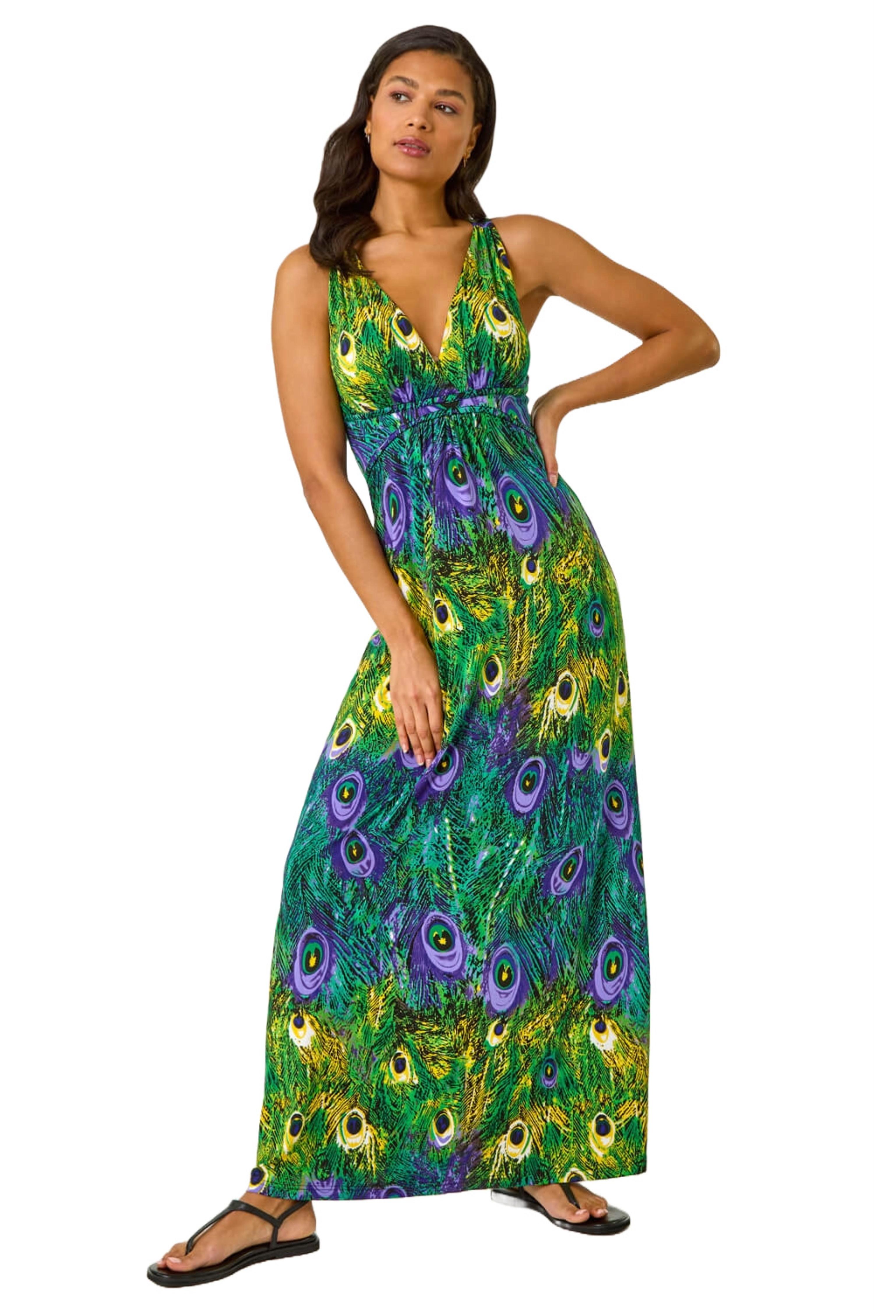 chinese dress ladies Peacock Print V-Neck Maxi Dress