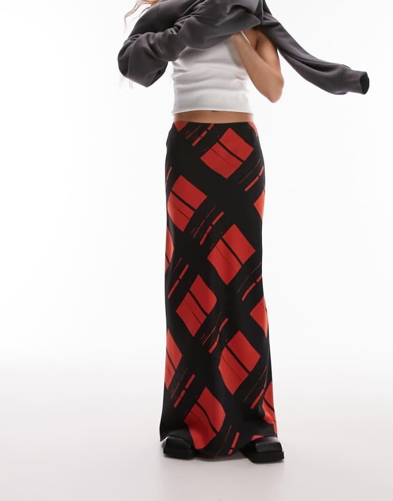 TOPSHOP Satin Bias Skirt With Printed Check in Red Lyst UK