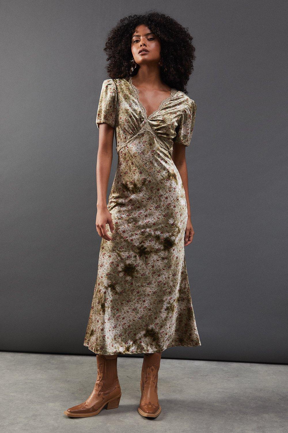 green emerald velvet dress Warehouse Multi Floral Metallic Stripe Printed Midi Dress