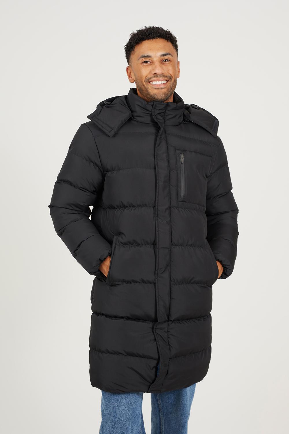 Brave Soul Longline Hooded Padded Puffer Jacket in Black for Men