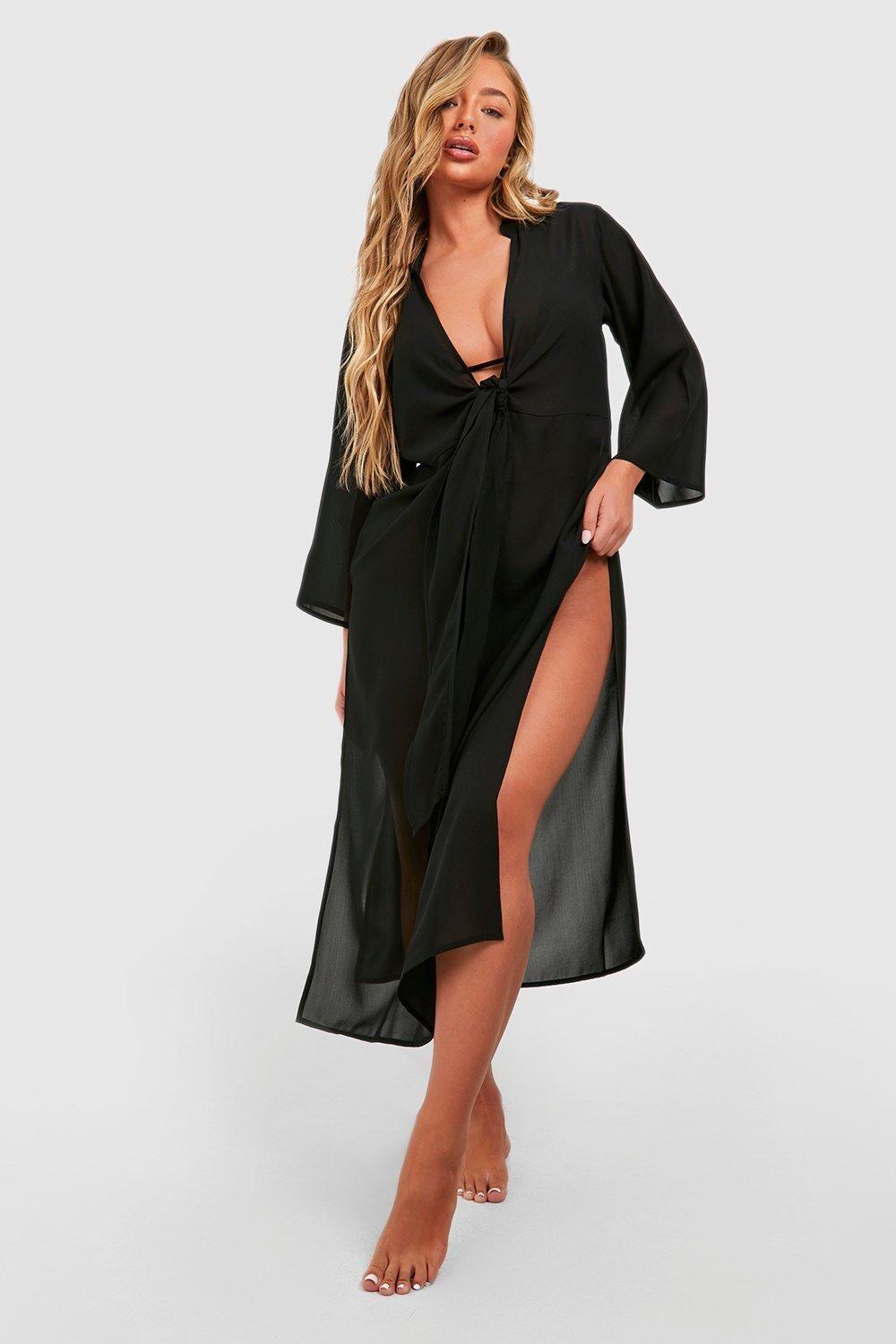 Boohoo Knot Front Split Sides Beach Kaftan in Black | Lyst UK