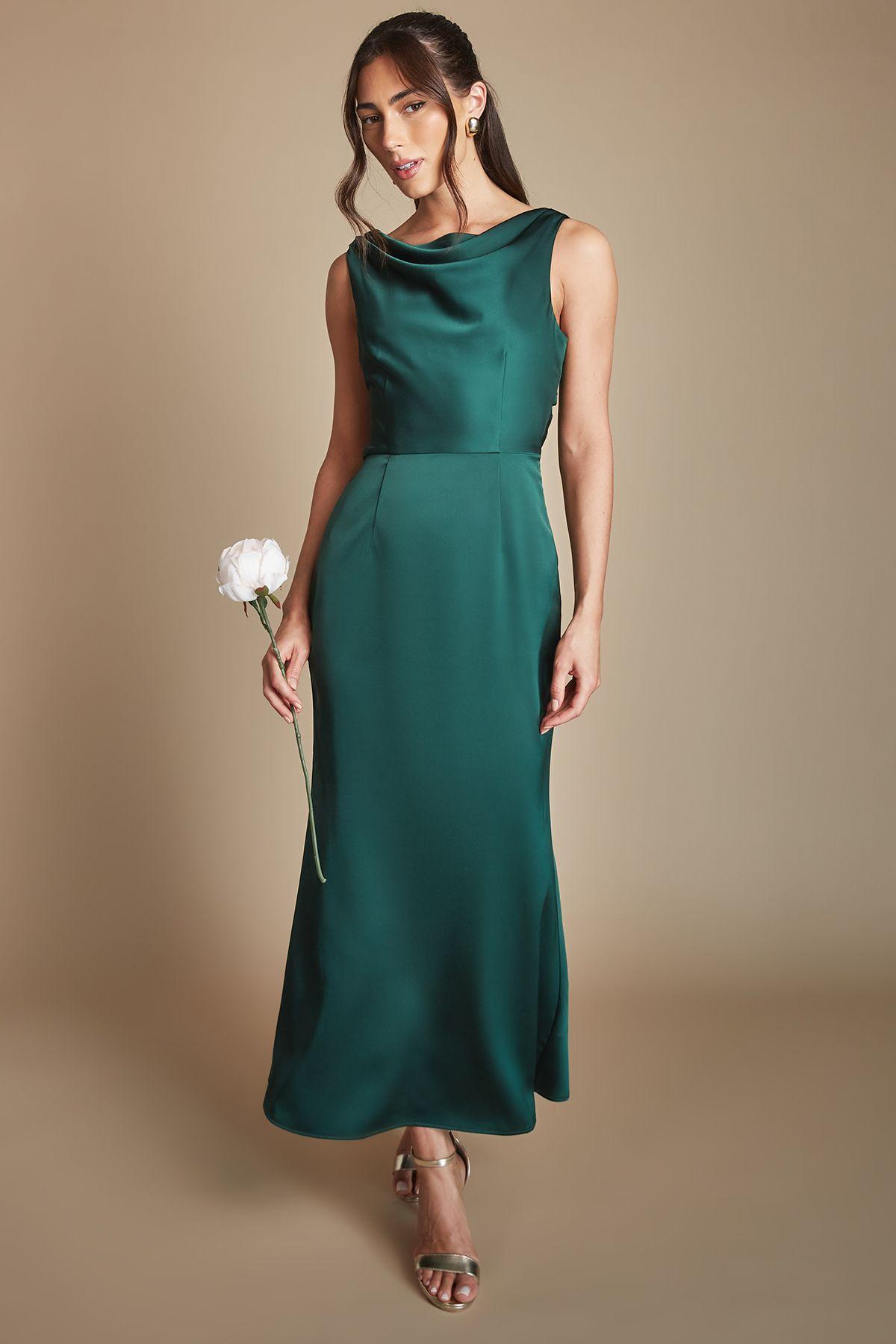 oasis emerald green dress Oasis Women's Emerald Ruffle Square Neck Satin Bridesmaid Maxi Dress