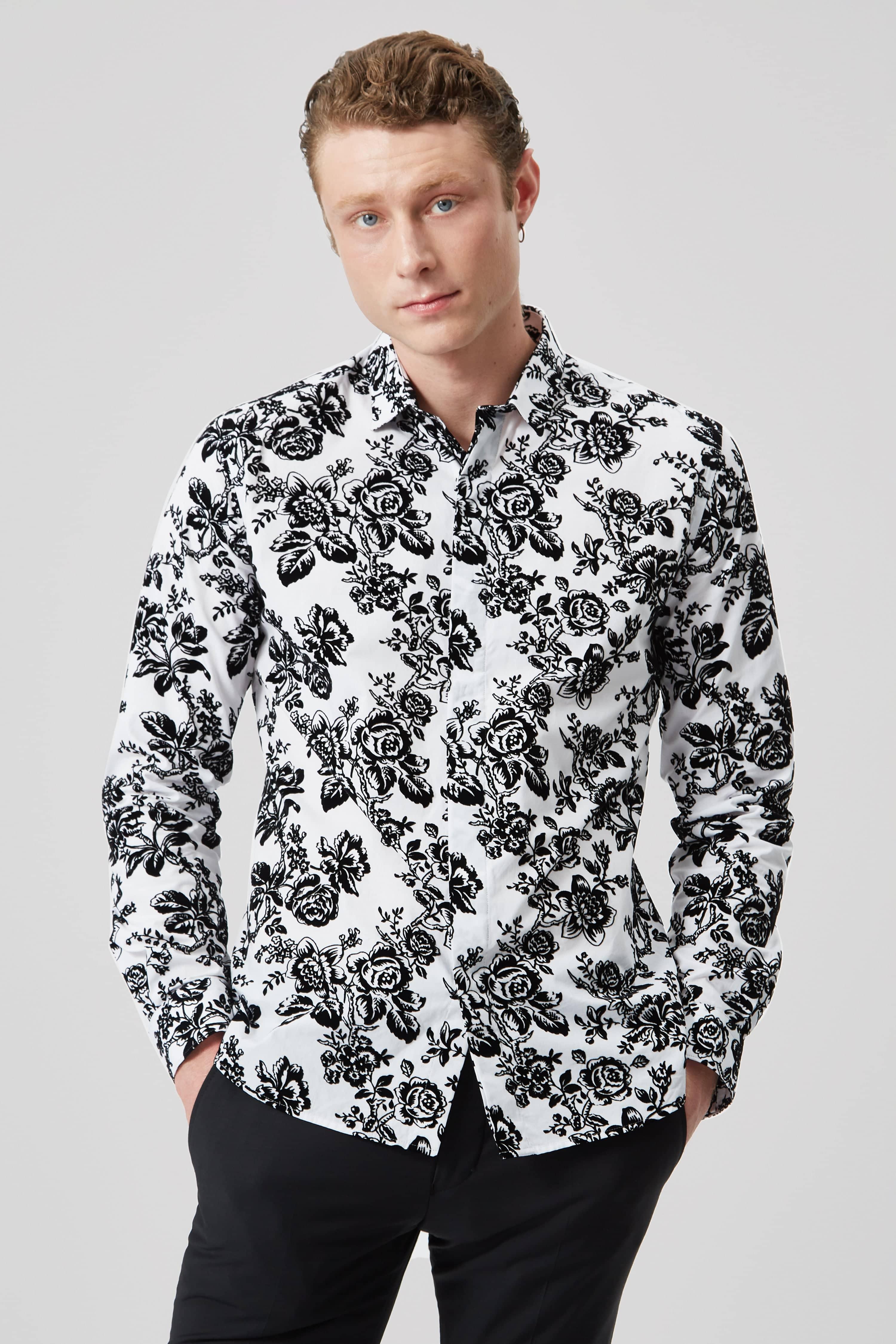 Twisted Tailor Armada Skinny Fit Floral Flocked Cotton Shirt in