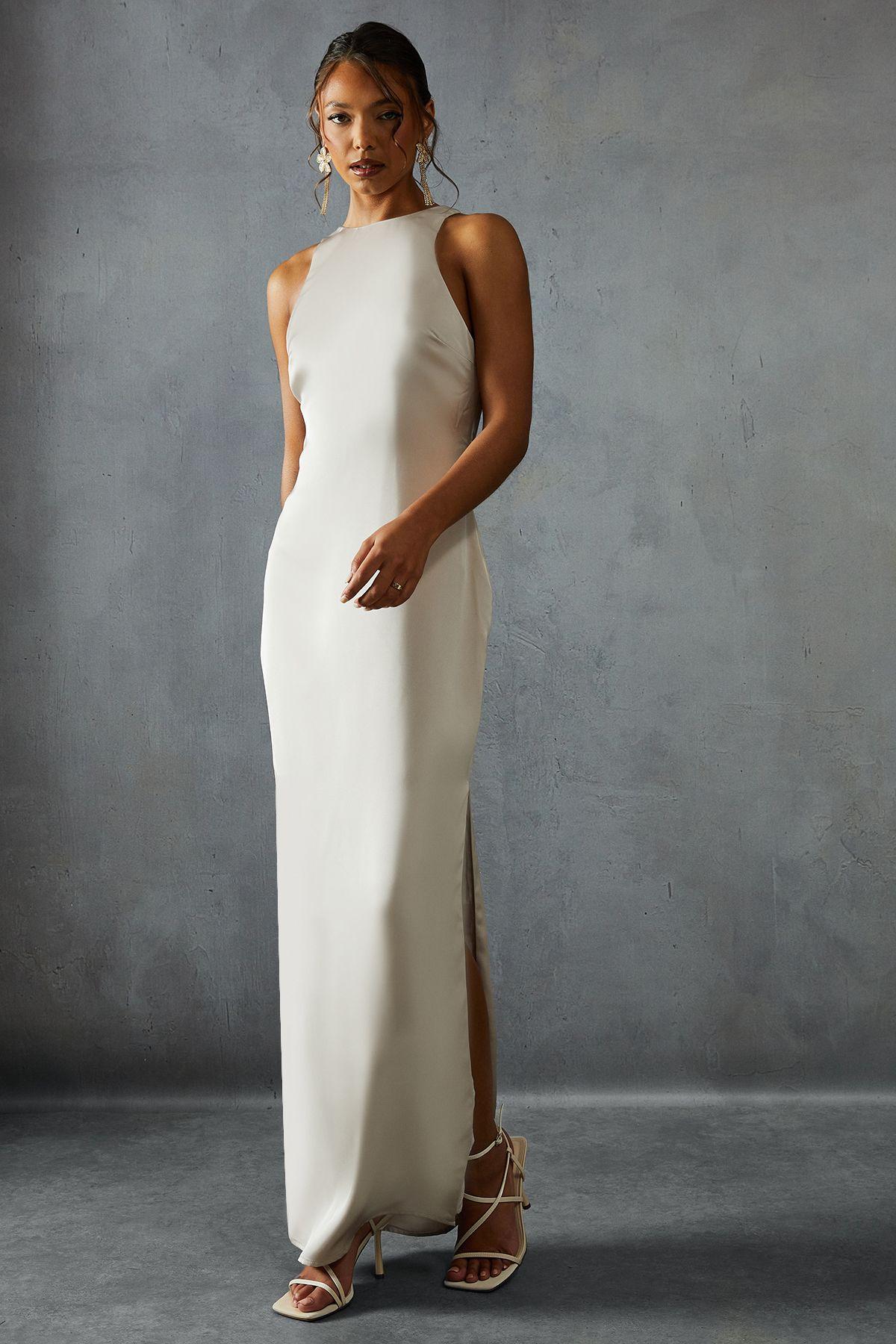 white christmas dresses Rent Misspap Premium Satin Asymmetric Strap Midi Dress main image 0