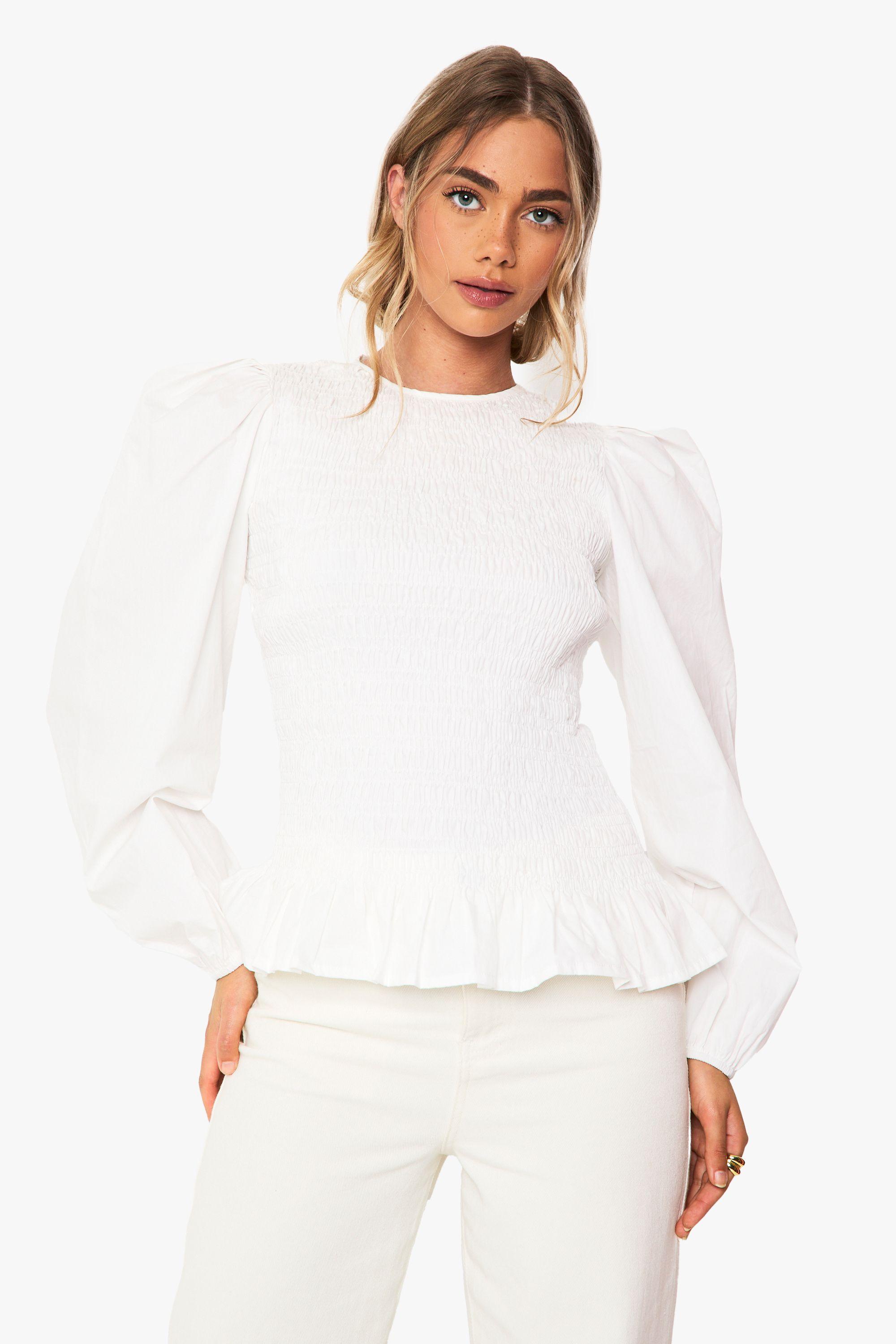 Boohoo Long Sleeve Shirred Frill Hem Top in White Lyst UK