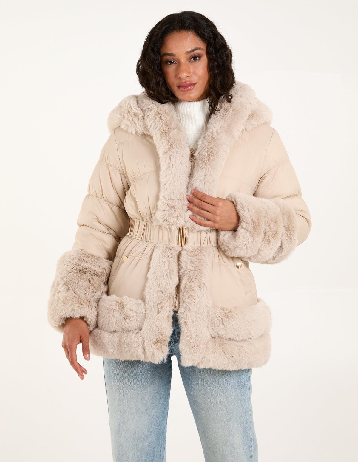 Puffer Jacket Womens Cream Faux Fur Coat Zapaka Women Ivory Puffer