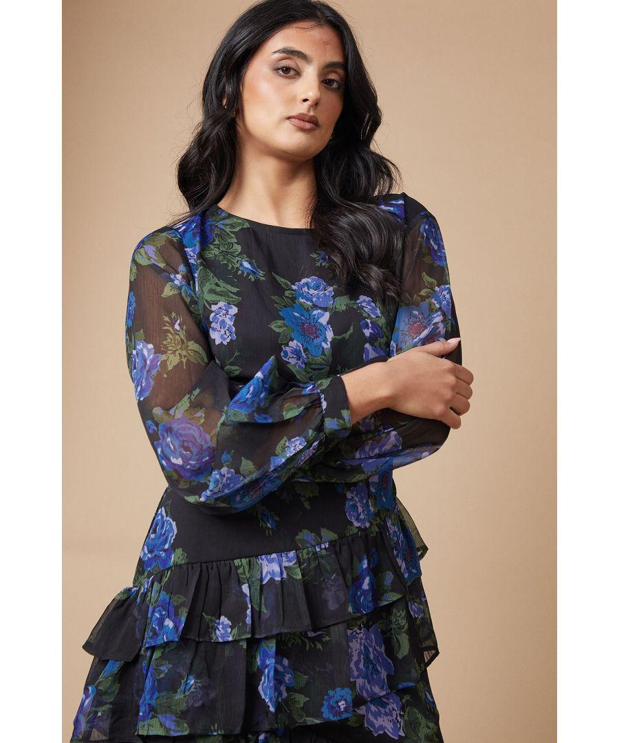 Oasis Floral Chiffon Ruffle Tiered Midi Dress in Blue Lyst UK