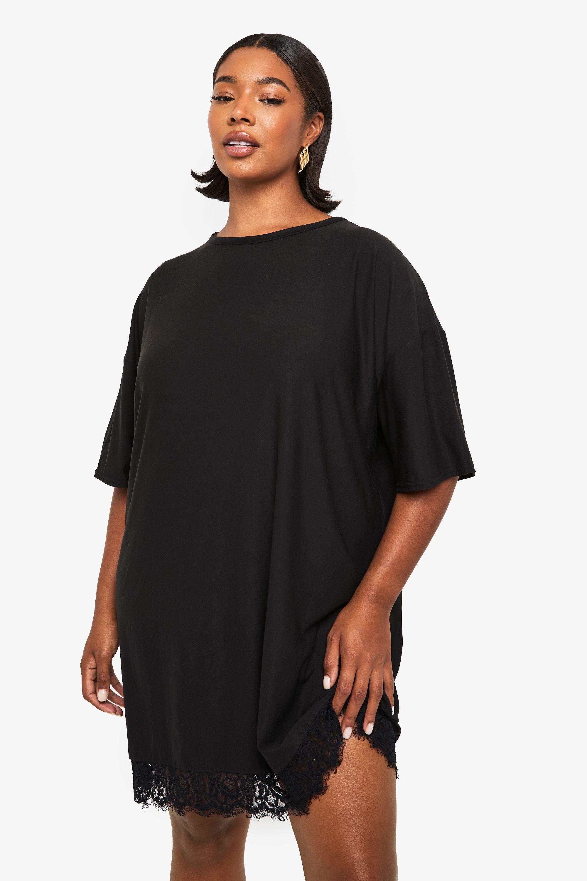 Boohoo Plus Lace Trim Oversized T-Shirt Dress in Black | Lyst UK