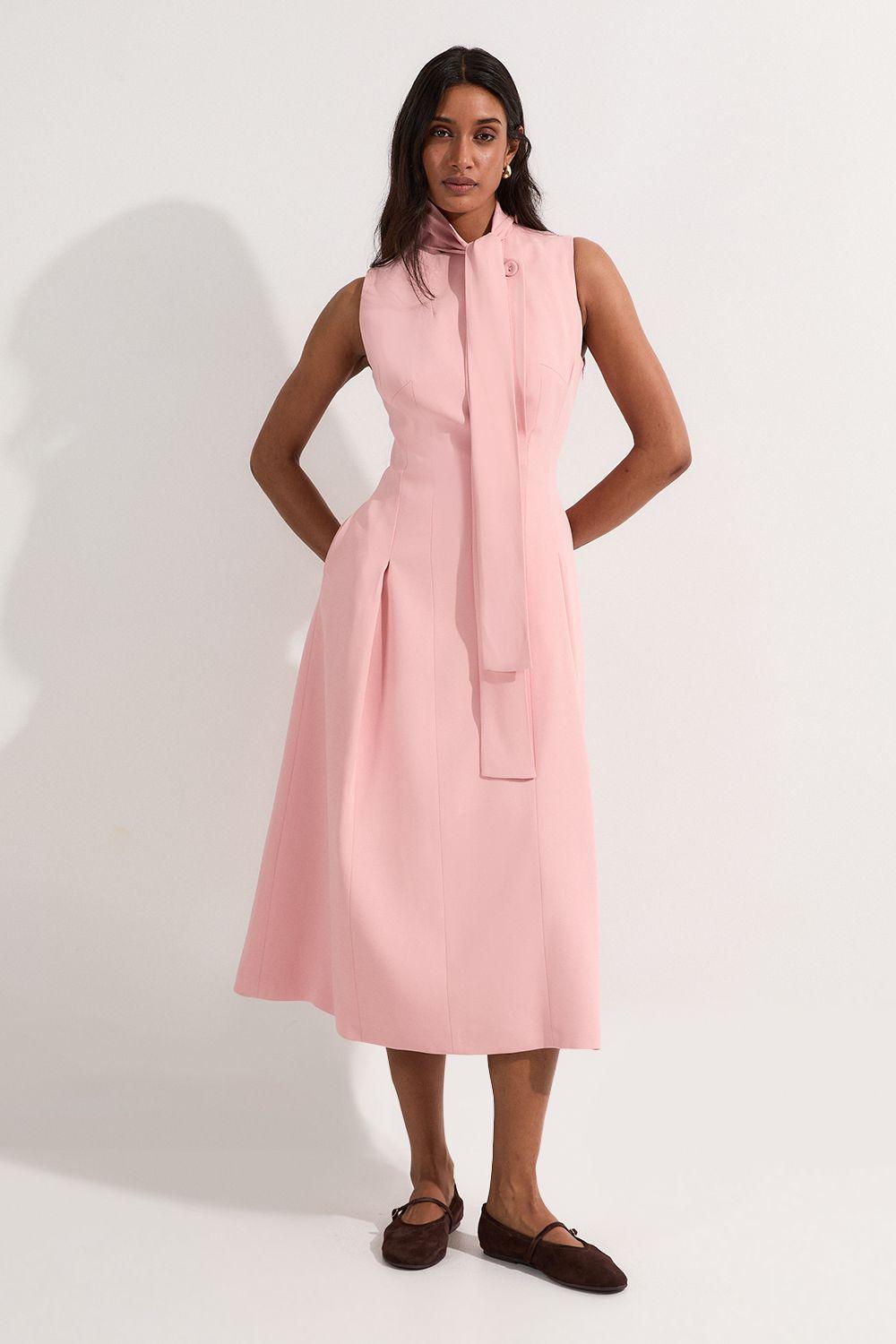 knee length dresses for ladies Rent Karen Millen Soft Tailored Colour Block Tie Neck Midi Dress