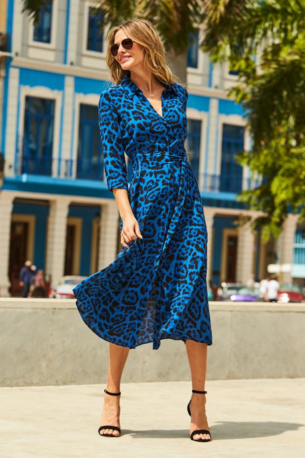 Sosandar Cobalt Animal Print Belted Midi Shirt Dress in Blue Lyst UK