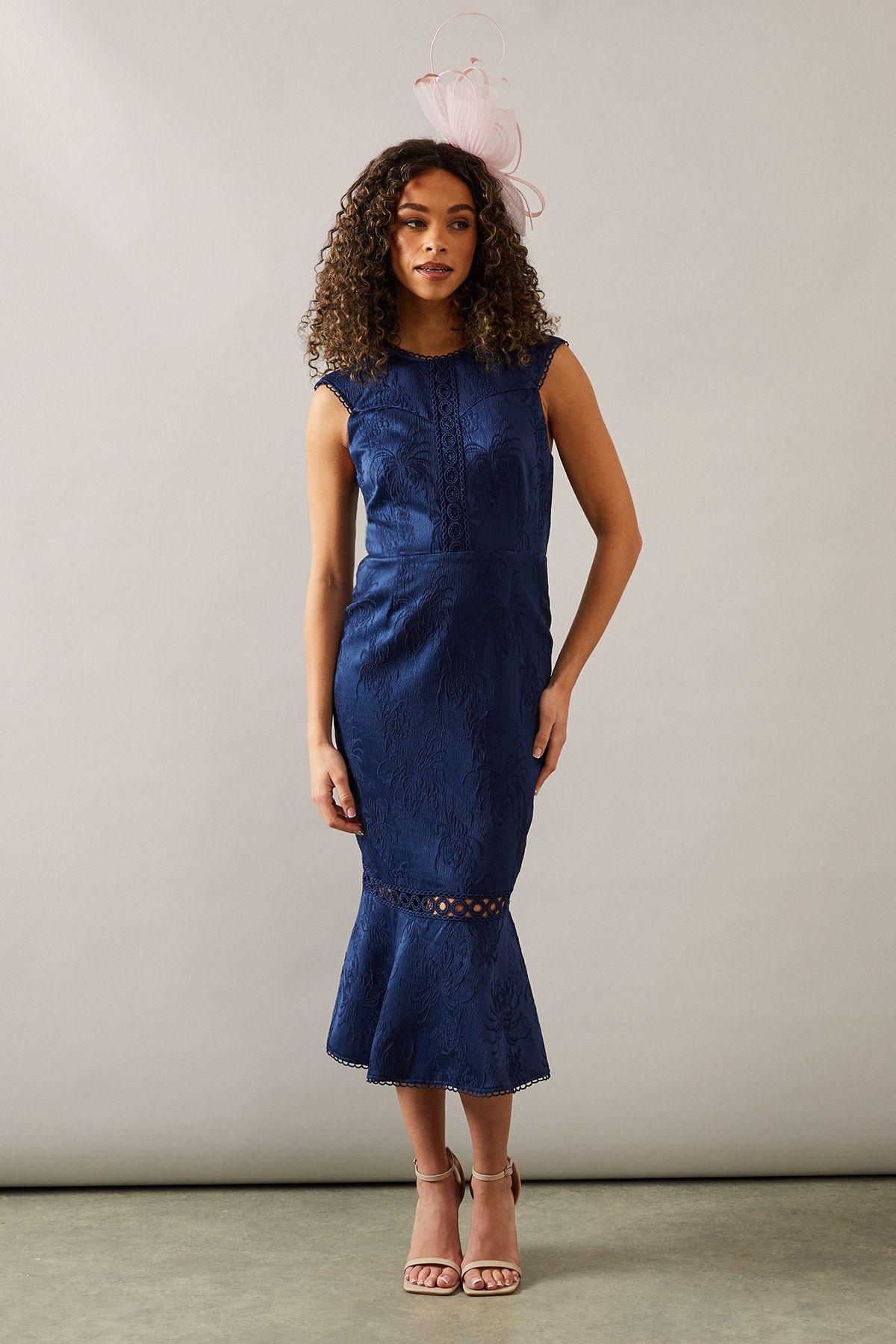 knee length dresses for ladies Blue Beaded Lace Dress – Montsand main image 1